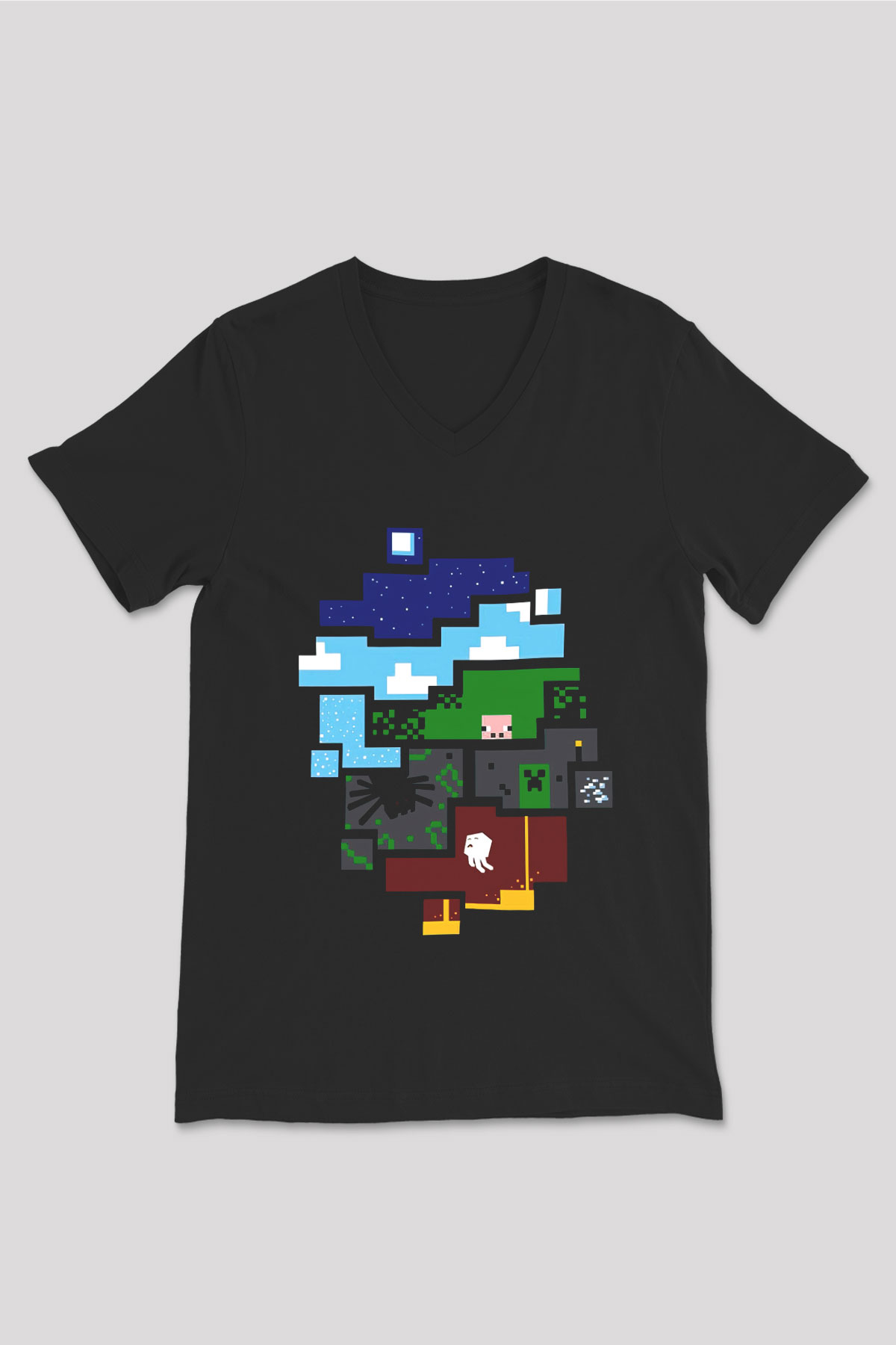 Minecraft Siyah Unisex V Yaka Tişört T-Shirt