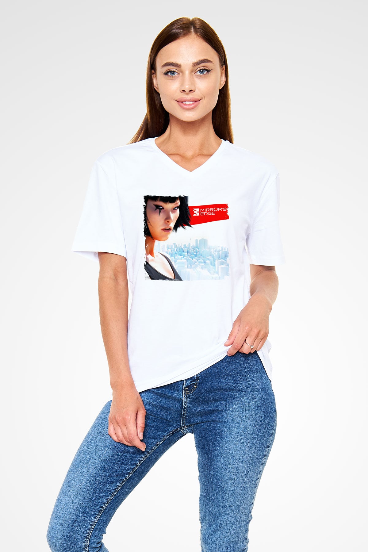 Mirrors Edge Beyaz Unisex V Yaka Tişört