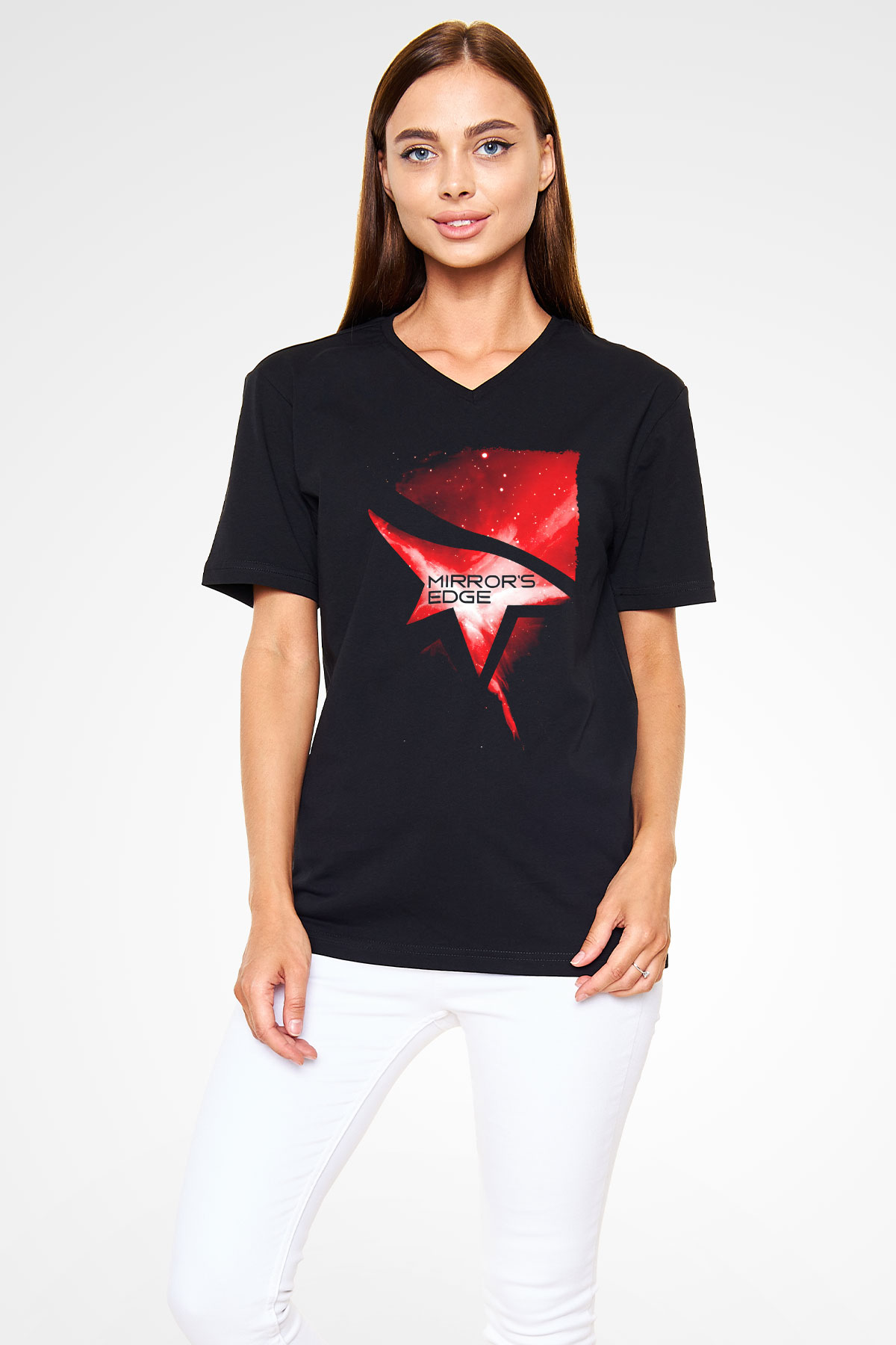 Mirrors Edge Siyah Unisex V Yaka Tişört