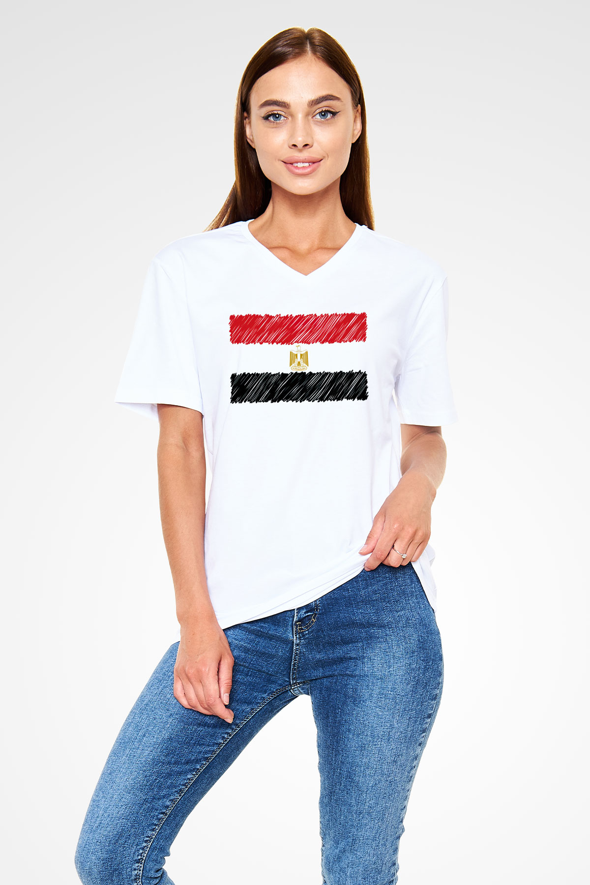 Mısır Beyaz Unisex V Yaka Tişört T-Shirt