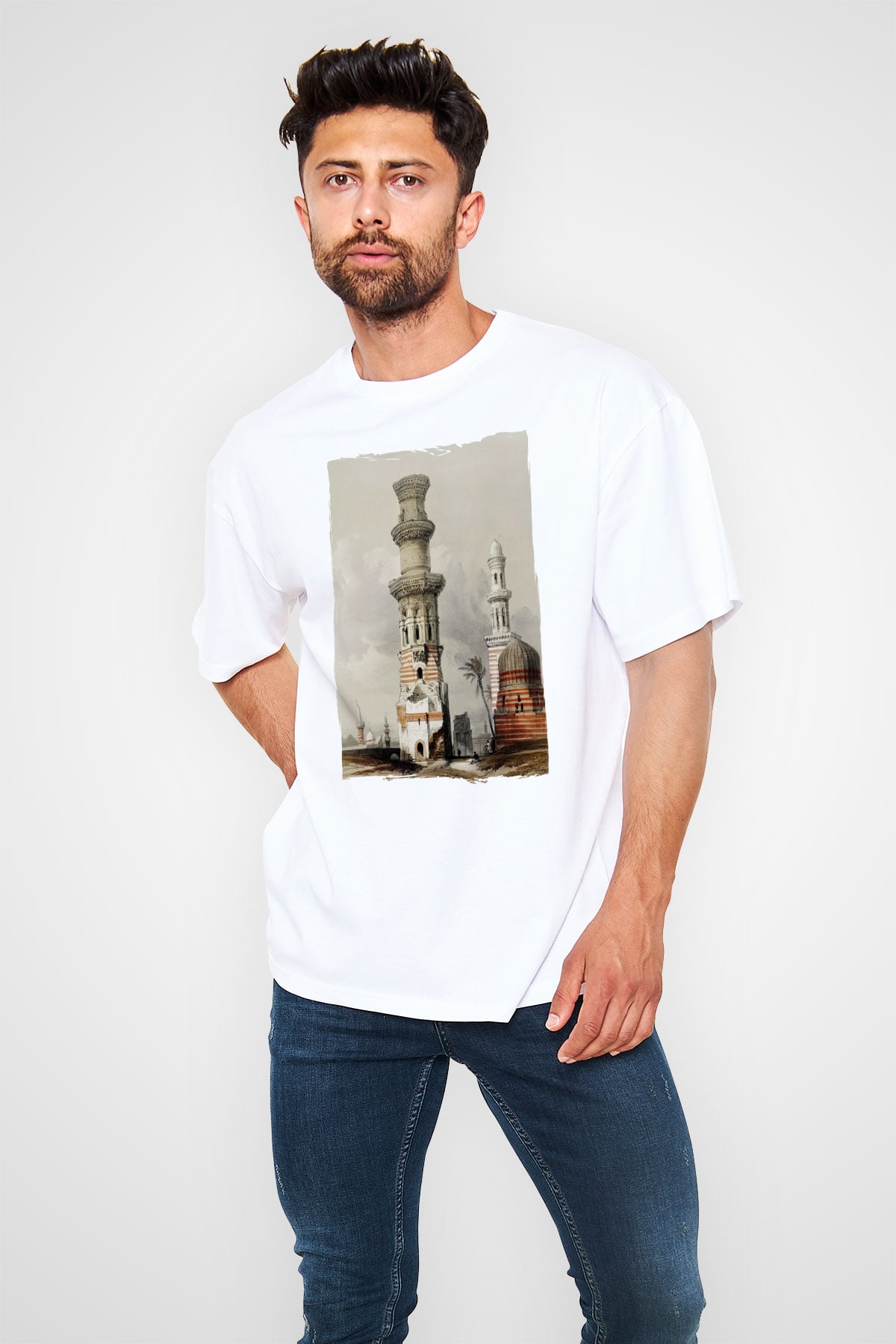 Mısır Harabeleri Beyaz Oversize Tişört Oversize T-shirt - TişörtFabrikası