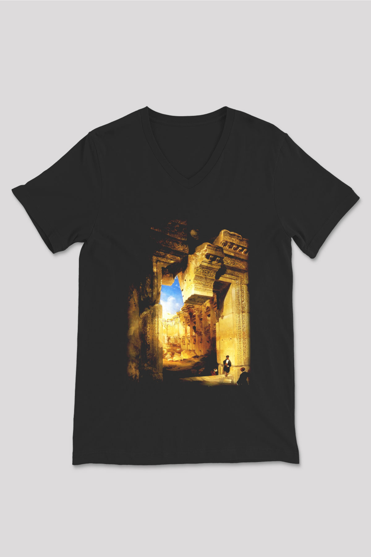 Mısır Harabeleri Siyah Unisex V Yaka Tişört T-Shirt