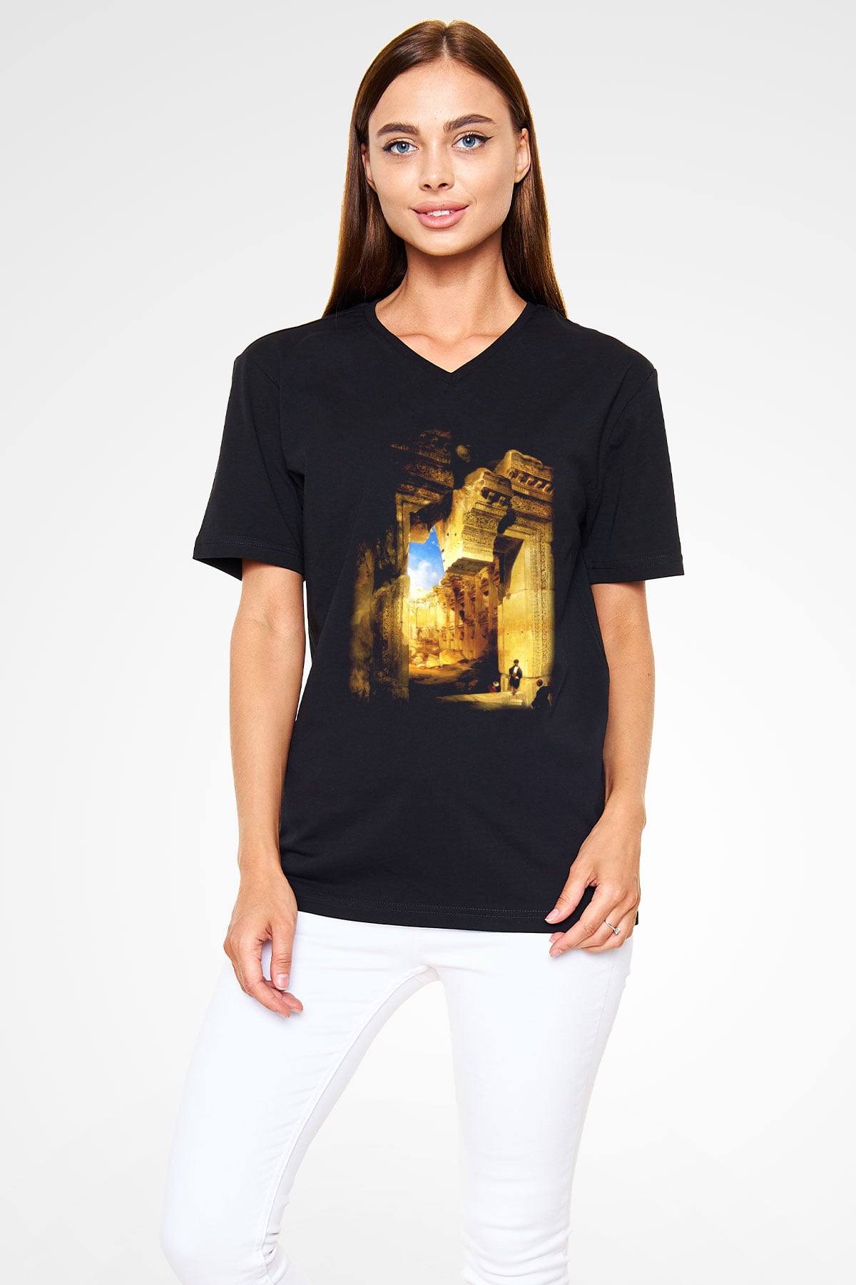 Mısır Harabeleri Siyah Unisex V Yaka Tişört T-Shirt
