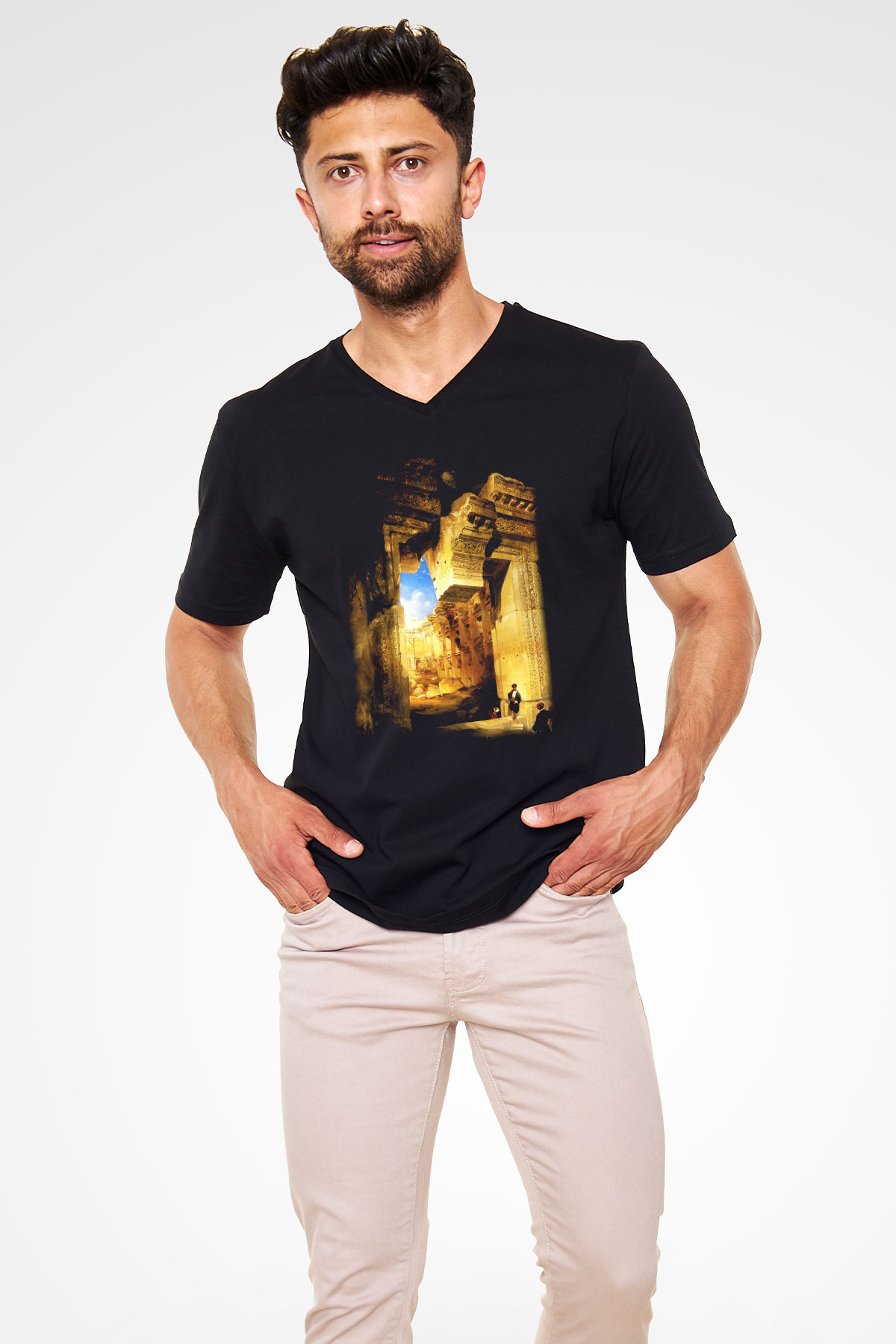 Mısır Harabeleri Siyah Unisex V Yaka Tişört T-Shirt
