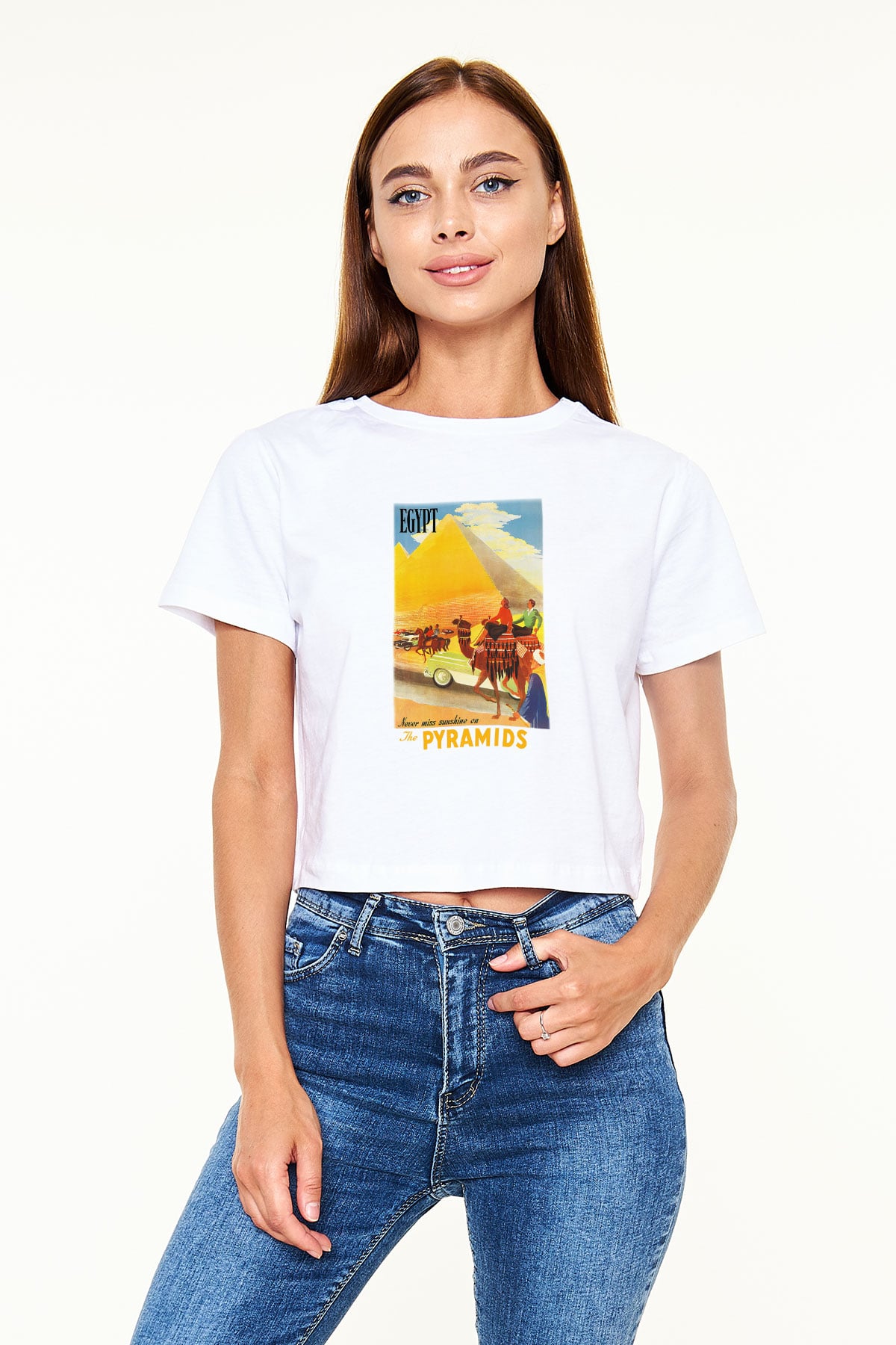 Mısır Piramitleri Beyaz Croptop Tişört