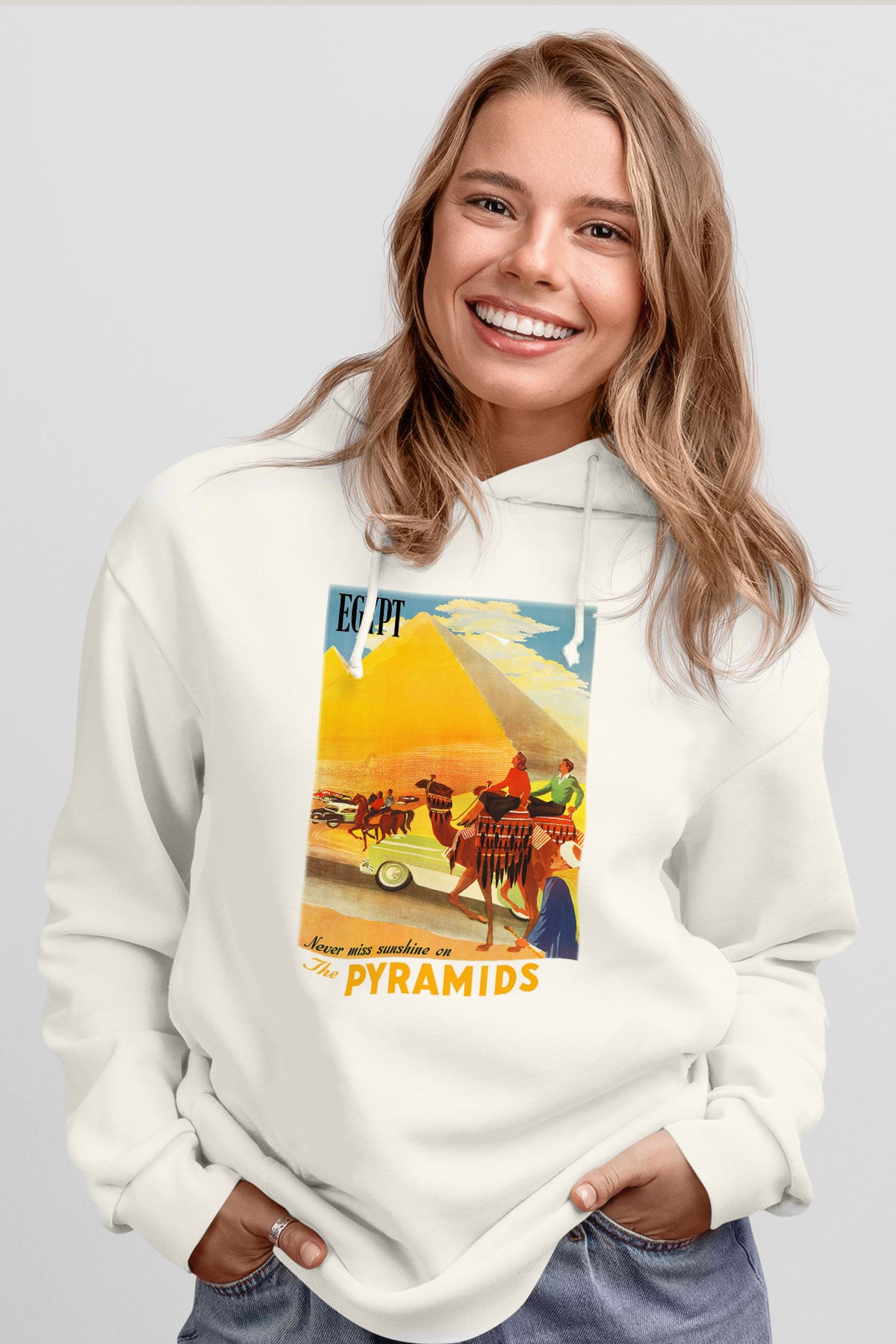Mısır Piramitleri Beyaz Unisex Kapşonlu Sweatshirt