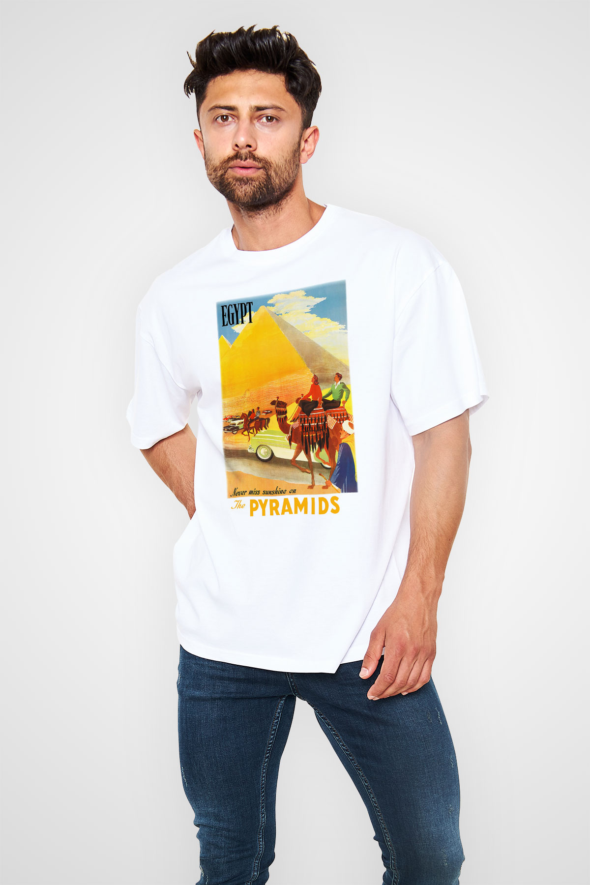 Mısır Piramitleri Beyaz Unisex Oversize Tişört T-Shirt
