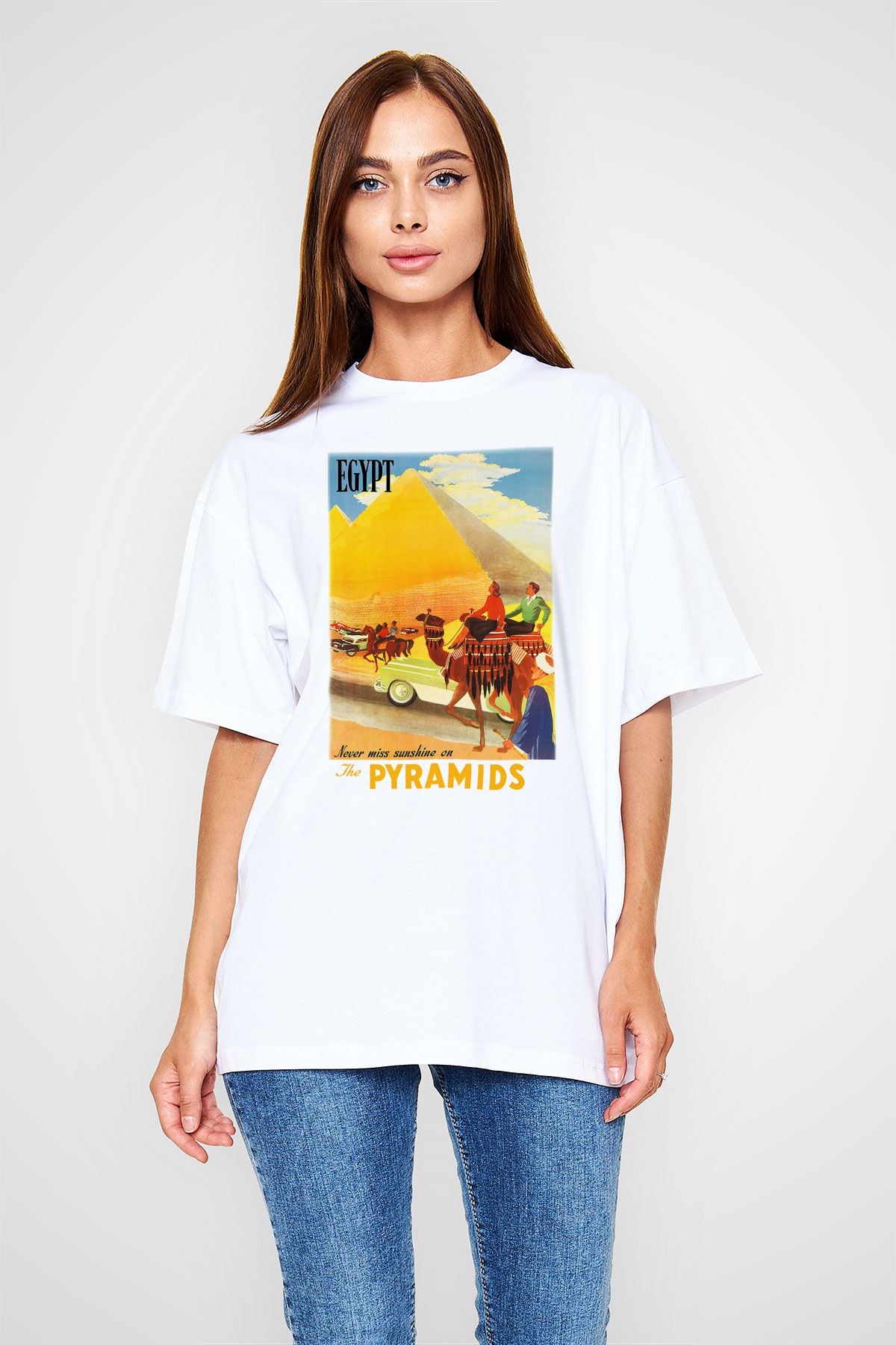 Mısır Piramitleri Beyaz Unisex Oversize Tişört T-Shirt