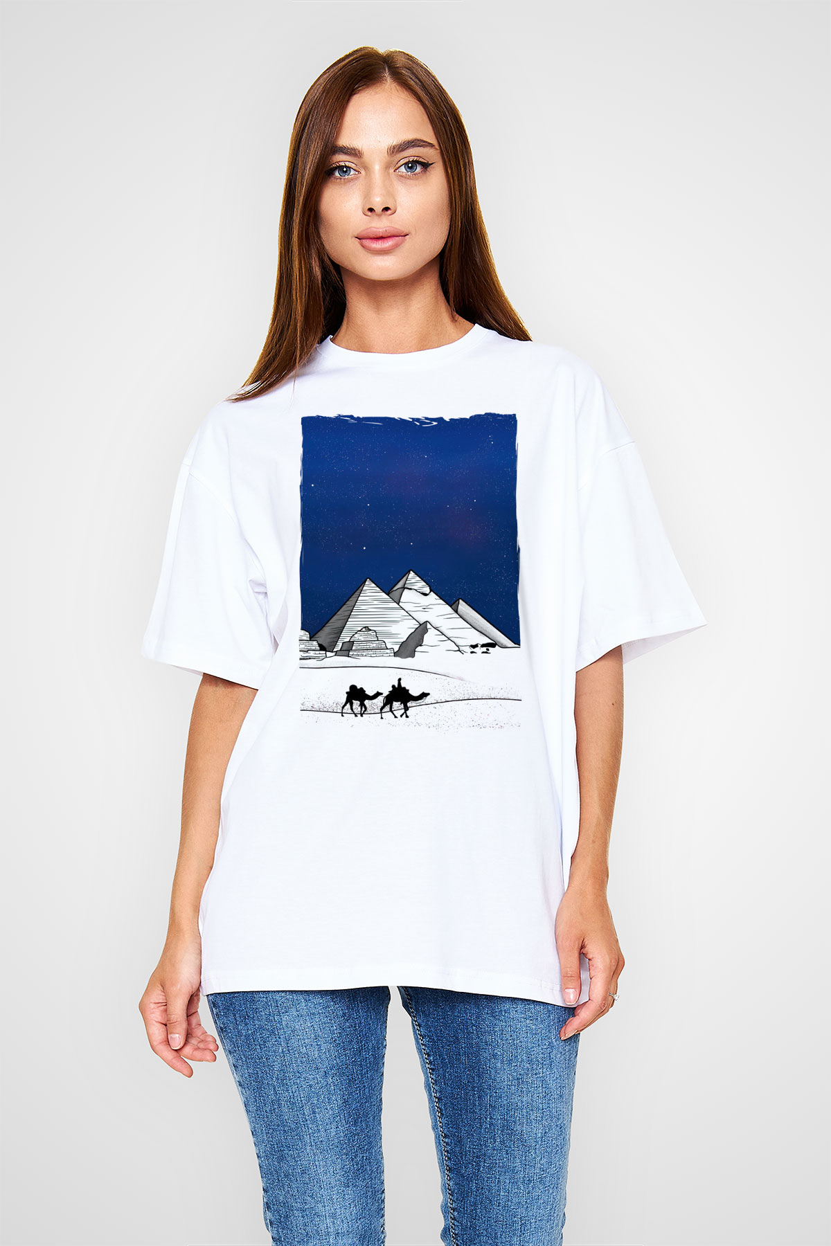 Mısır Piramitleri Beyaz Oversize Tişört Oversize T-shirt - TişörtFabrikası