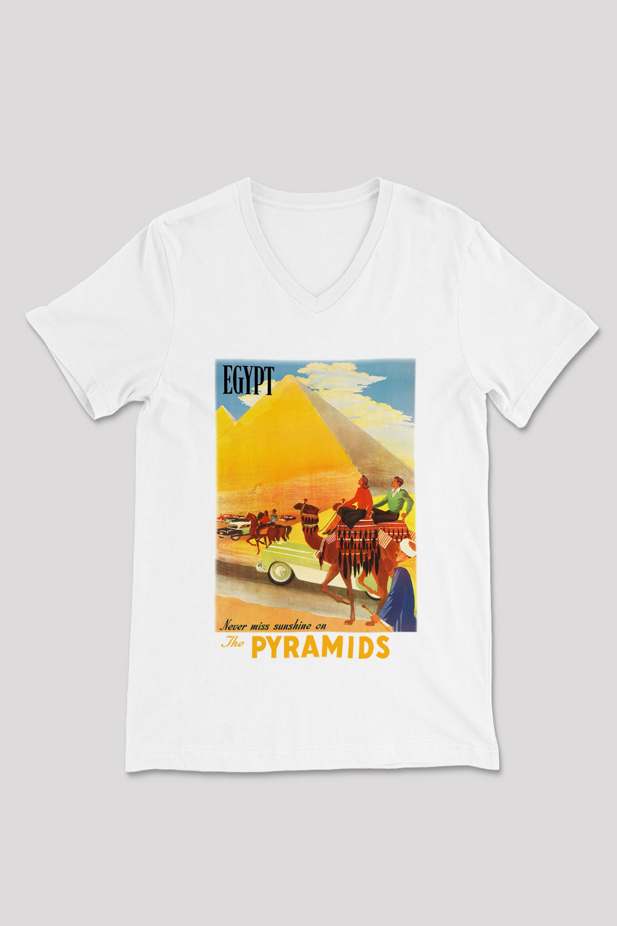 Mısır Piramitleri Beyaz Unisex V Yaka Tişört T-Shirt