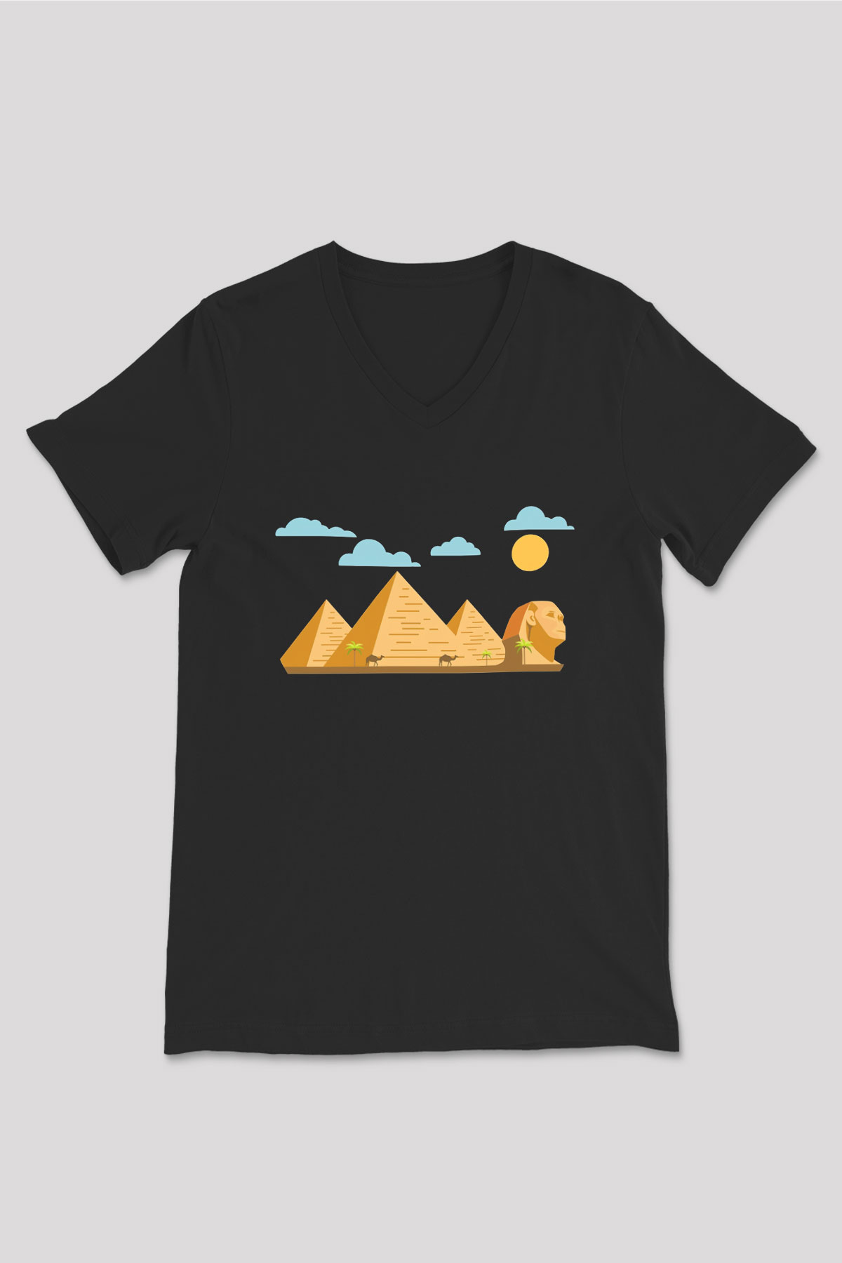 Mısır Piramitleri Siyah Unisex V Yaka Tişört T-Shirt