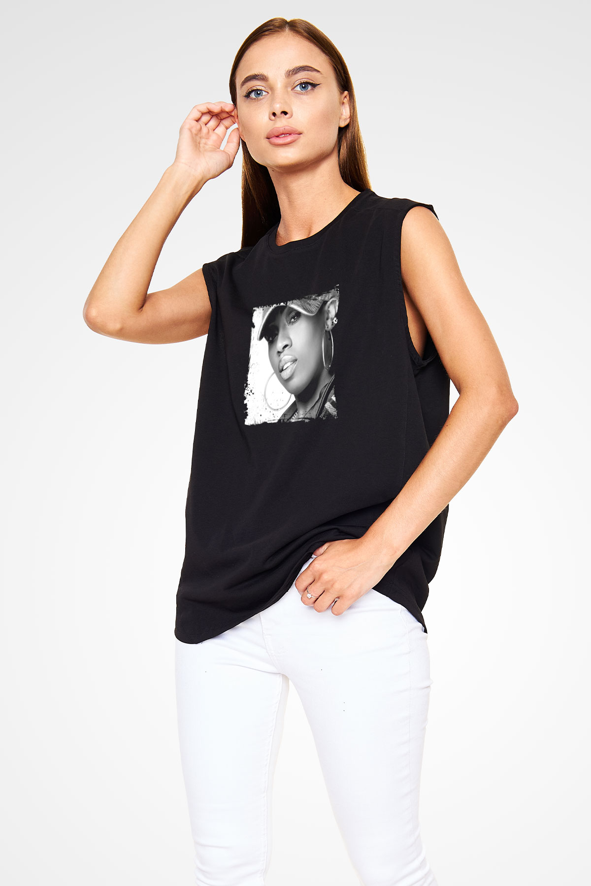 Missy Elliott Baskılı Unisex Siyah Kolsuz Tişört