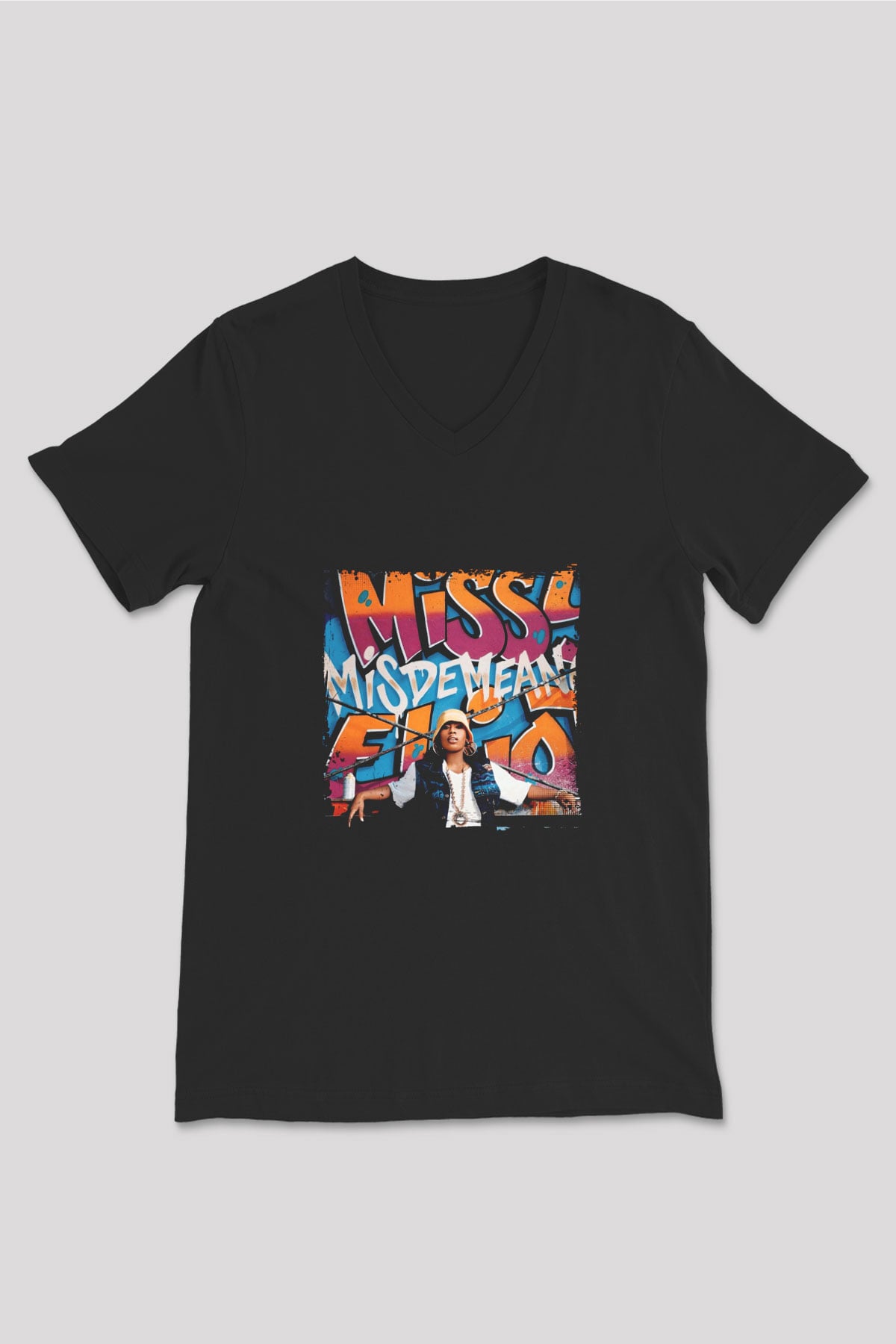 Missy Elliott Baskılı Unisex Siyah V Yaka Tişört