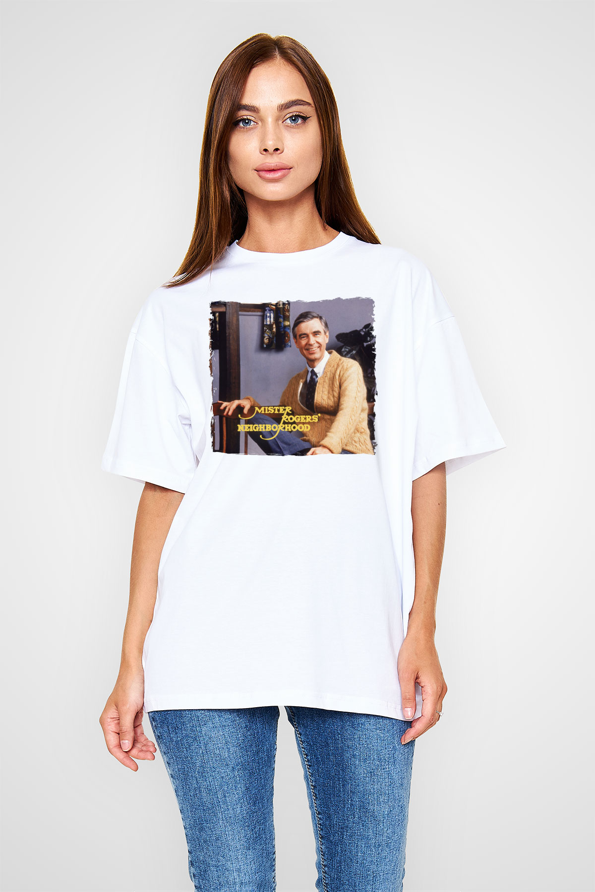 Mister Rogers Neighborhood Beyaz Oversize Tişört Oversize T-shirt