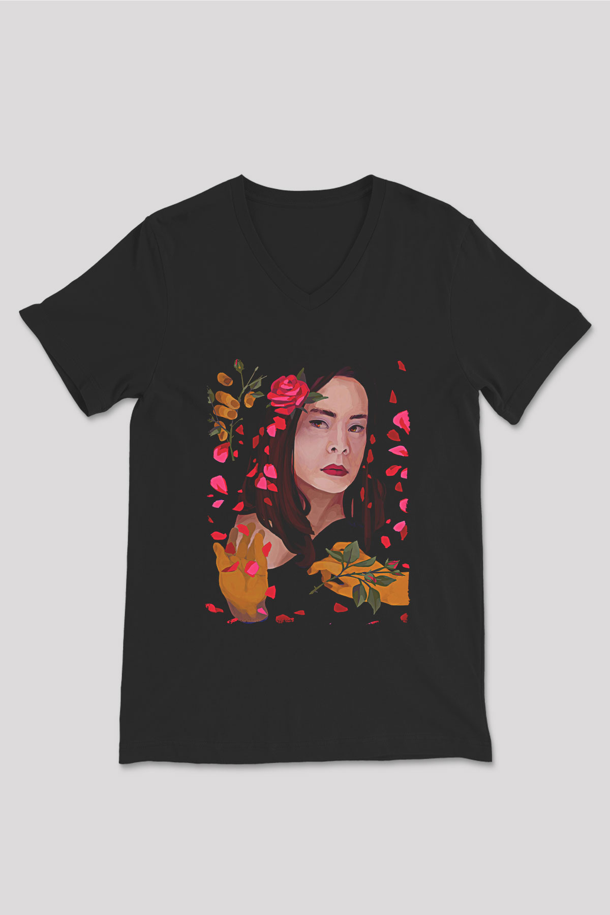 Mitski Baskılı Baskılı Unisex Siyah V Yaka Tişört - Tshirt