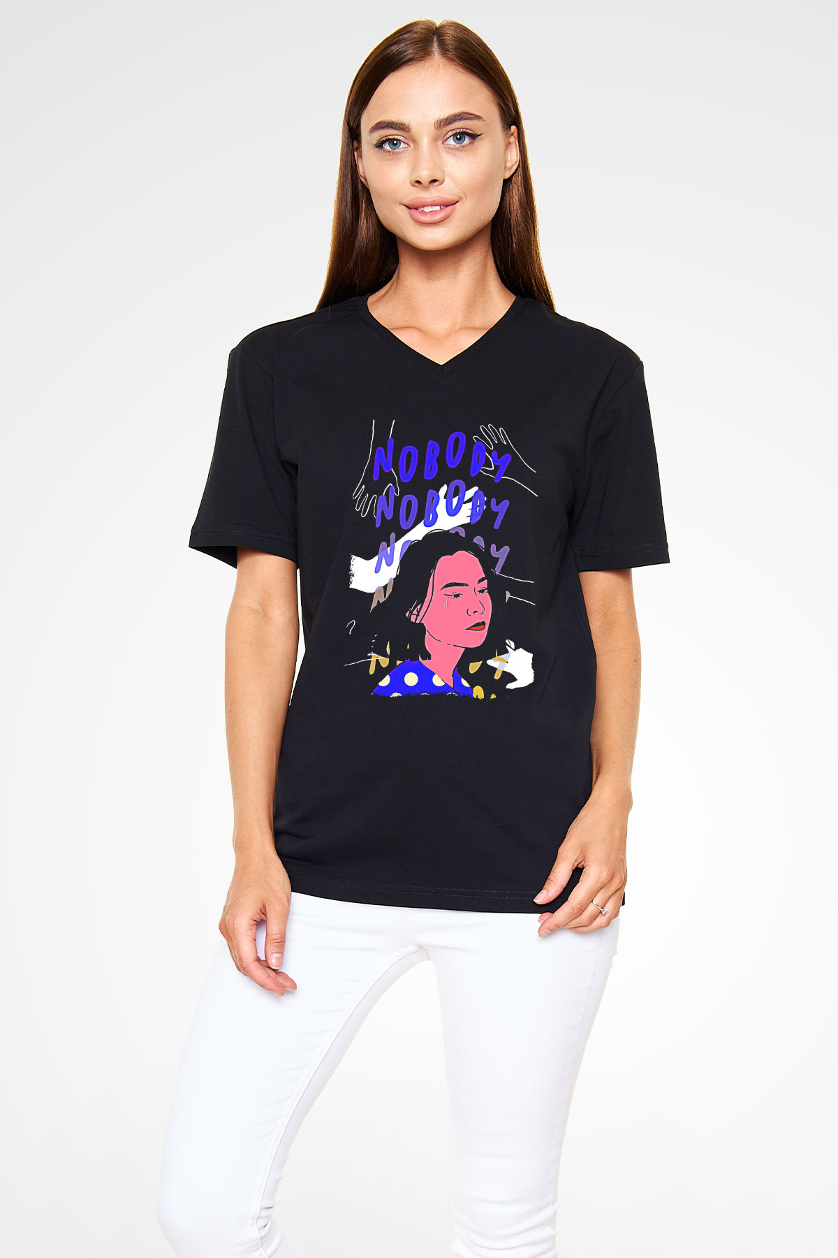 Mitski Baskılı Baskılı Unisex Siyah V Yaka Tişört - Tshirt
