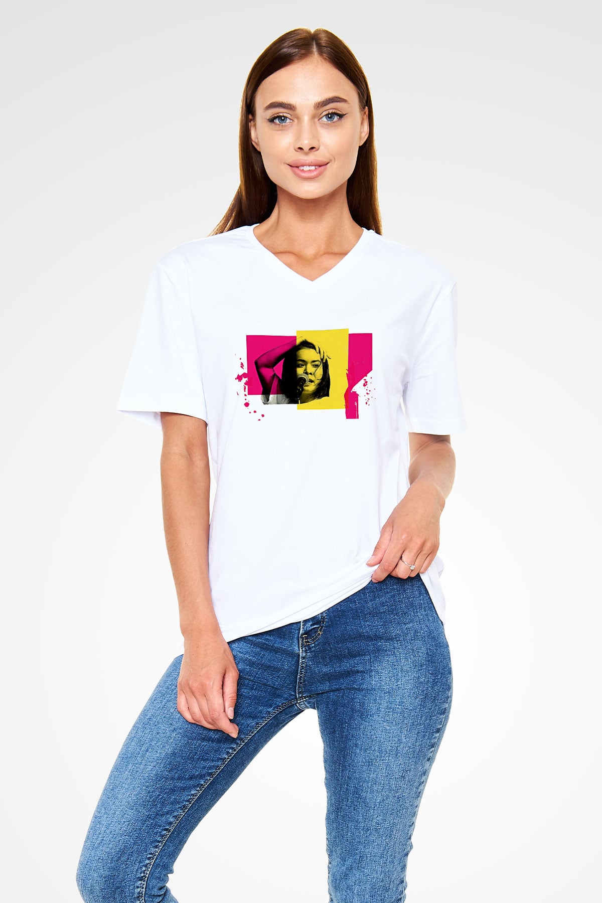 Mitski Baskılı Beyaz Unisex V Yaka Tişört - Tshirt