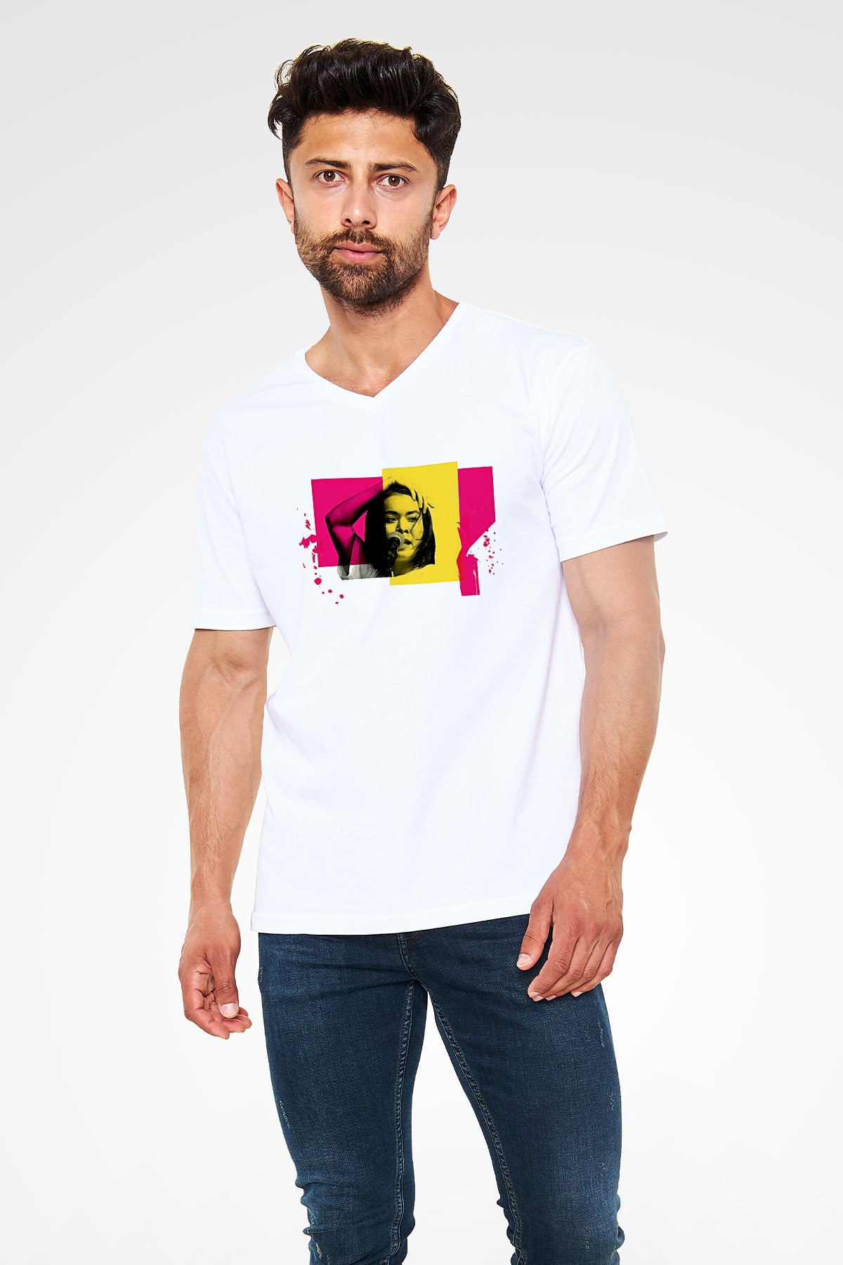 Mitski Baskılı Beyaz Unisex V Yaka Tişört - Tshirt