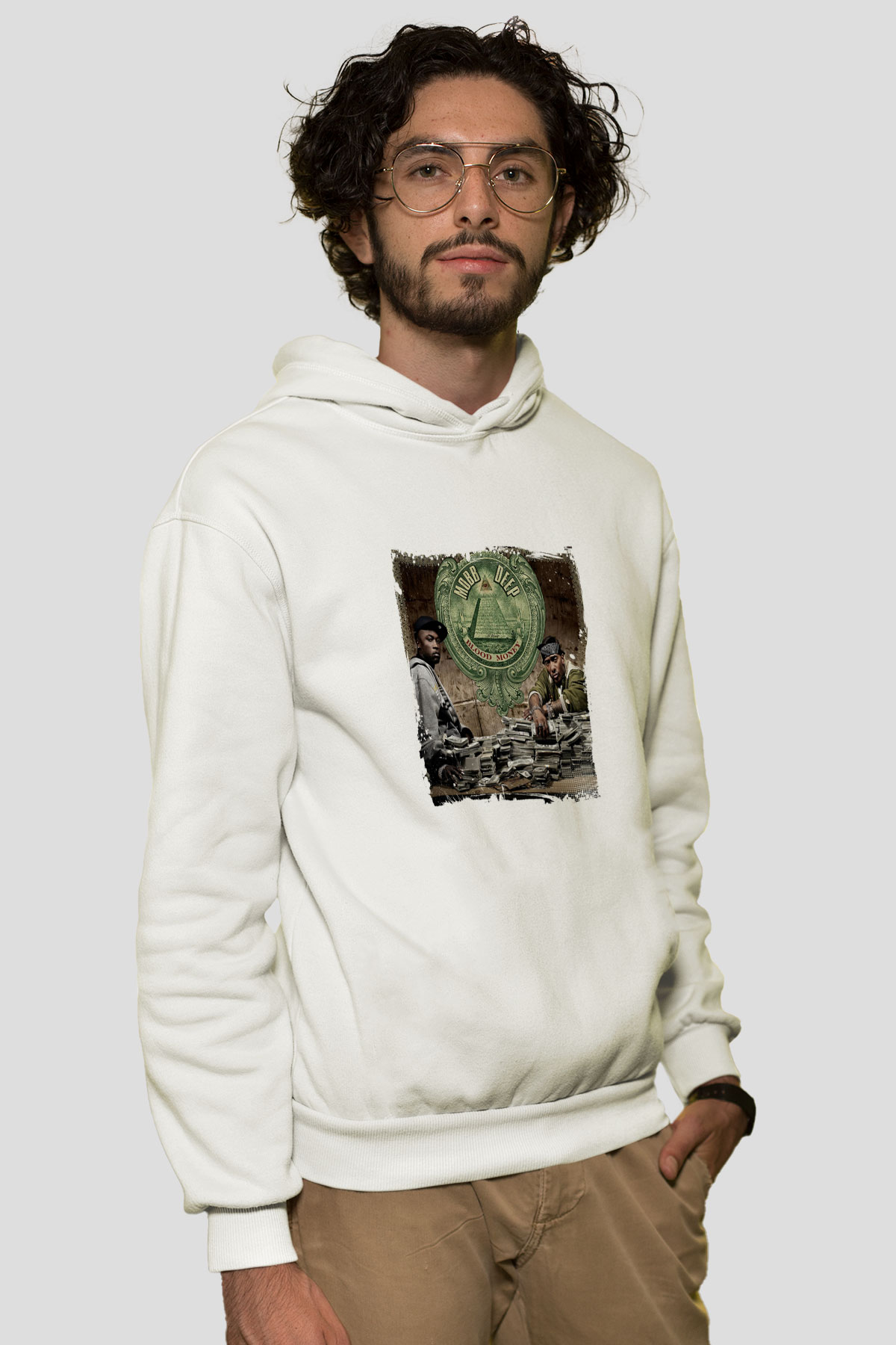 Mobb Deep Baskılı Unisex Beyaz Kapüşonlu Sweatshirt
