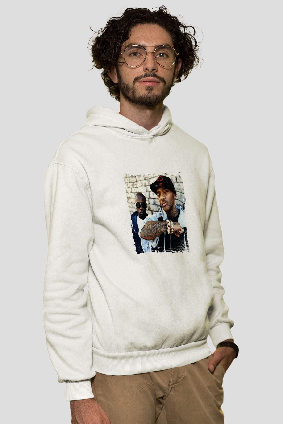 Mobb Deep Baskılı Unisex Beyaz Kapüşonlu Sweatshirt