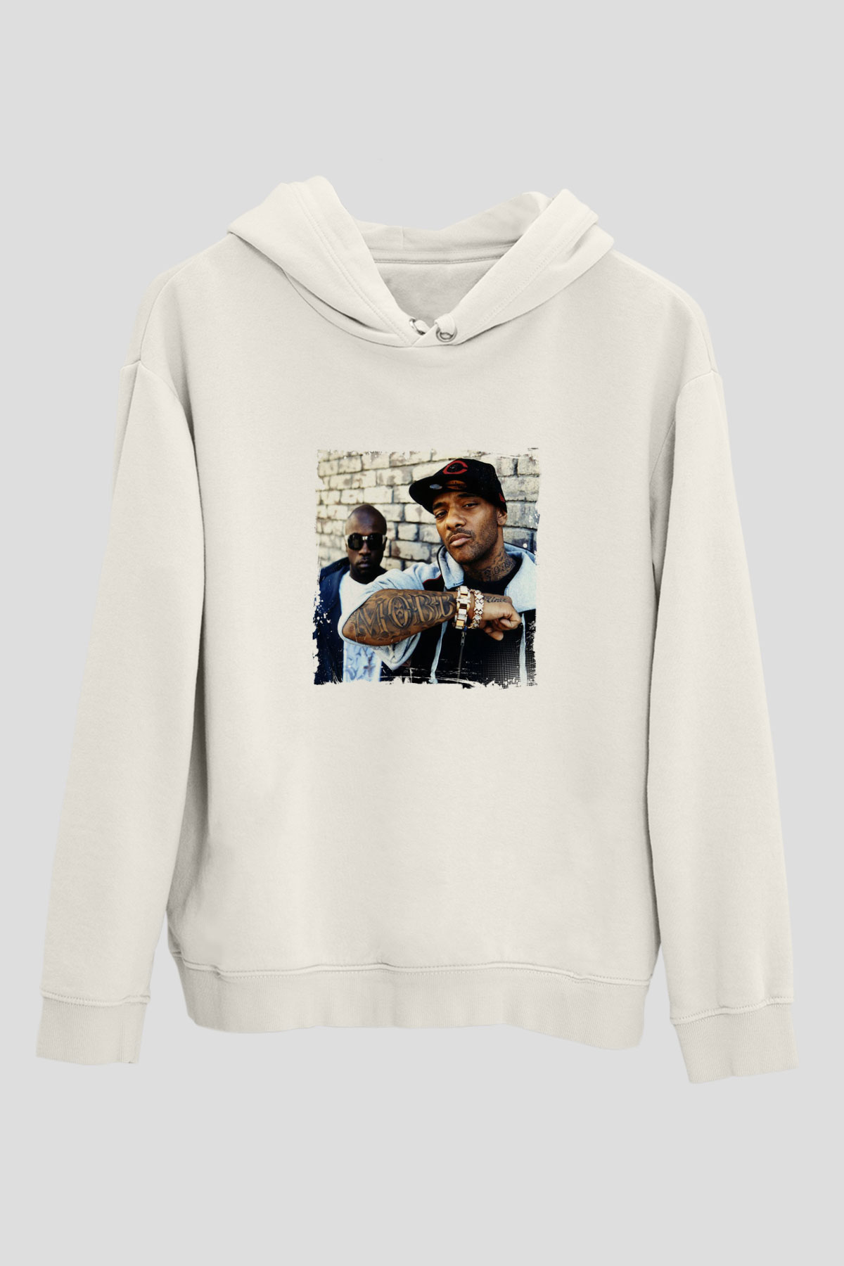 Mobb Deep Baskılı Unisex Beyaz Kapüşonlu Sweatshirt