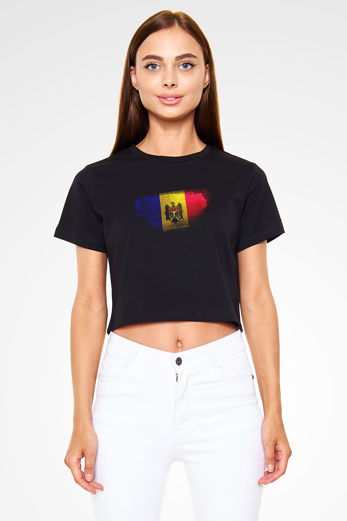 Moldova Bayrağı Baskılı Kadın Crop Top Siyah Tişört