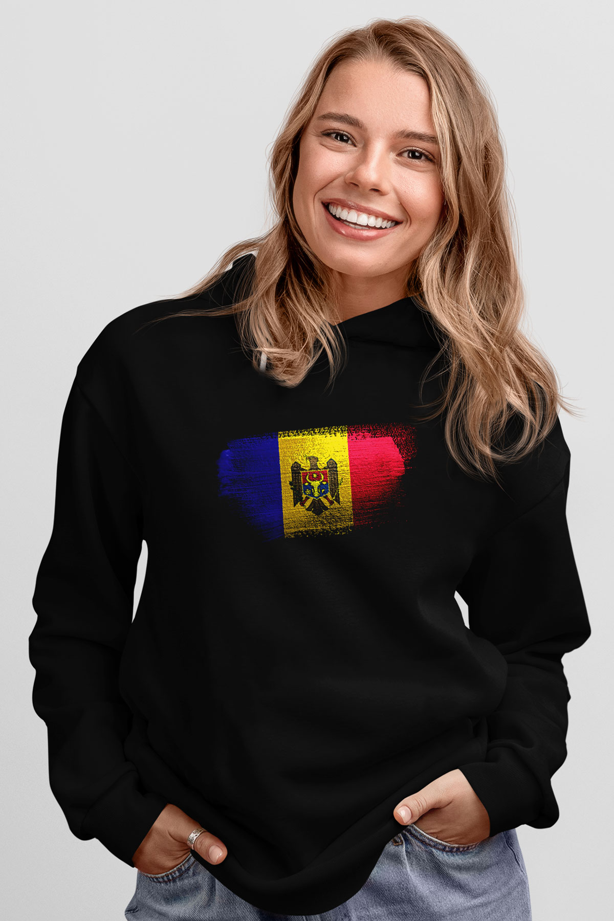 Moldova Bayrağı Baskılı Unisex Siyah Kapüşonlu Sweatshirt