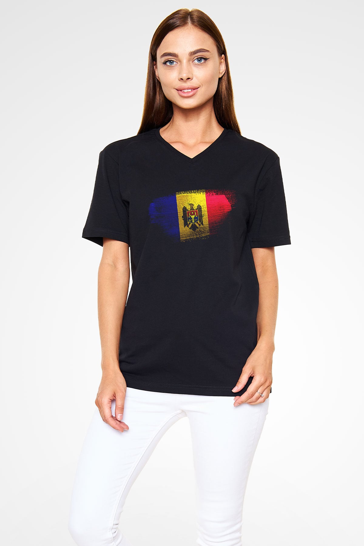 Moldova Bayrağı Baskılı Unisex Siyah V Yaka Tişört