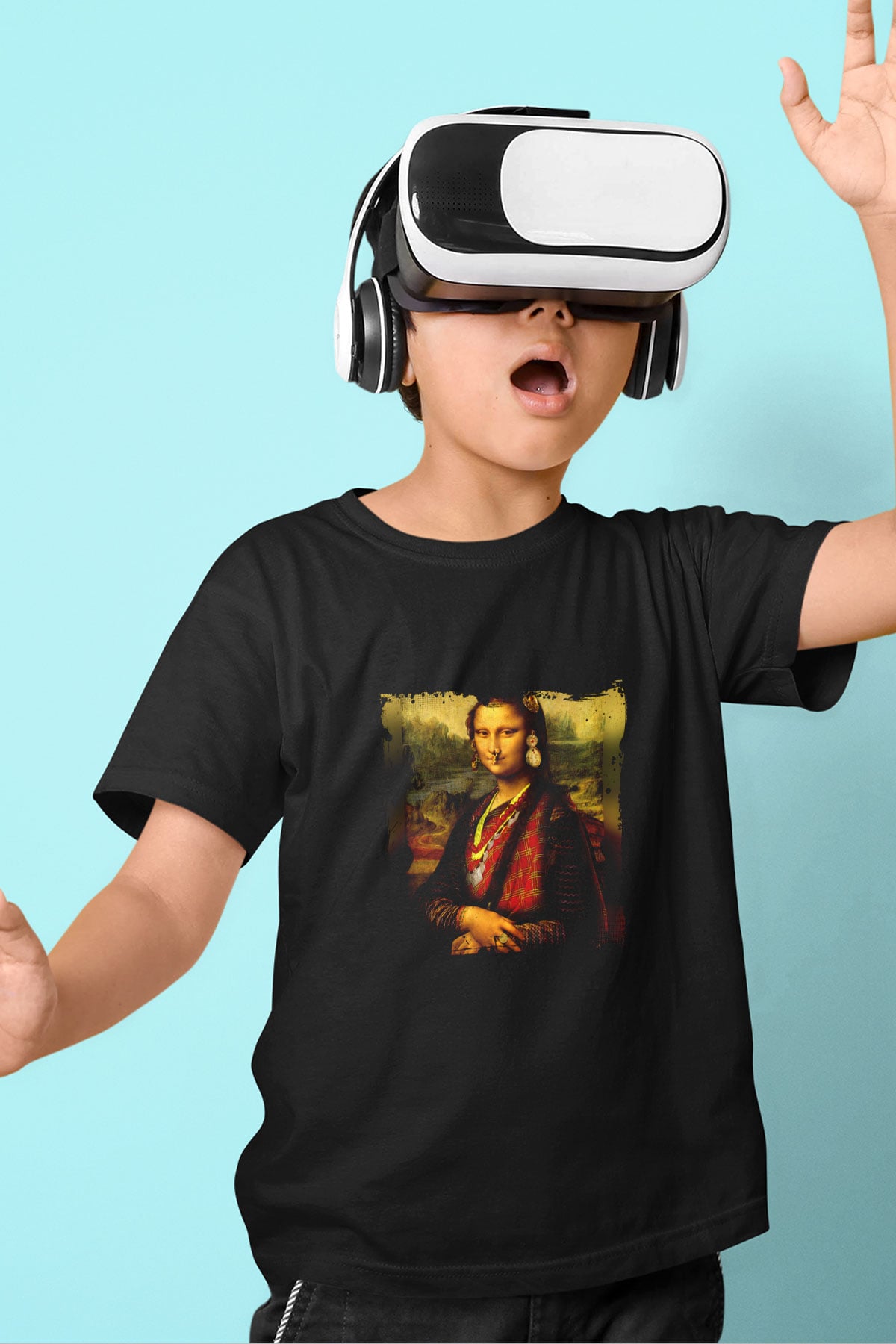 Mona Lisa Baskılı Unisex Siyah Çocuk Tişört