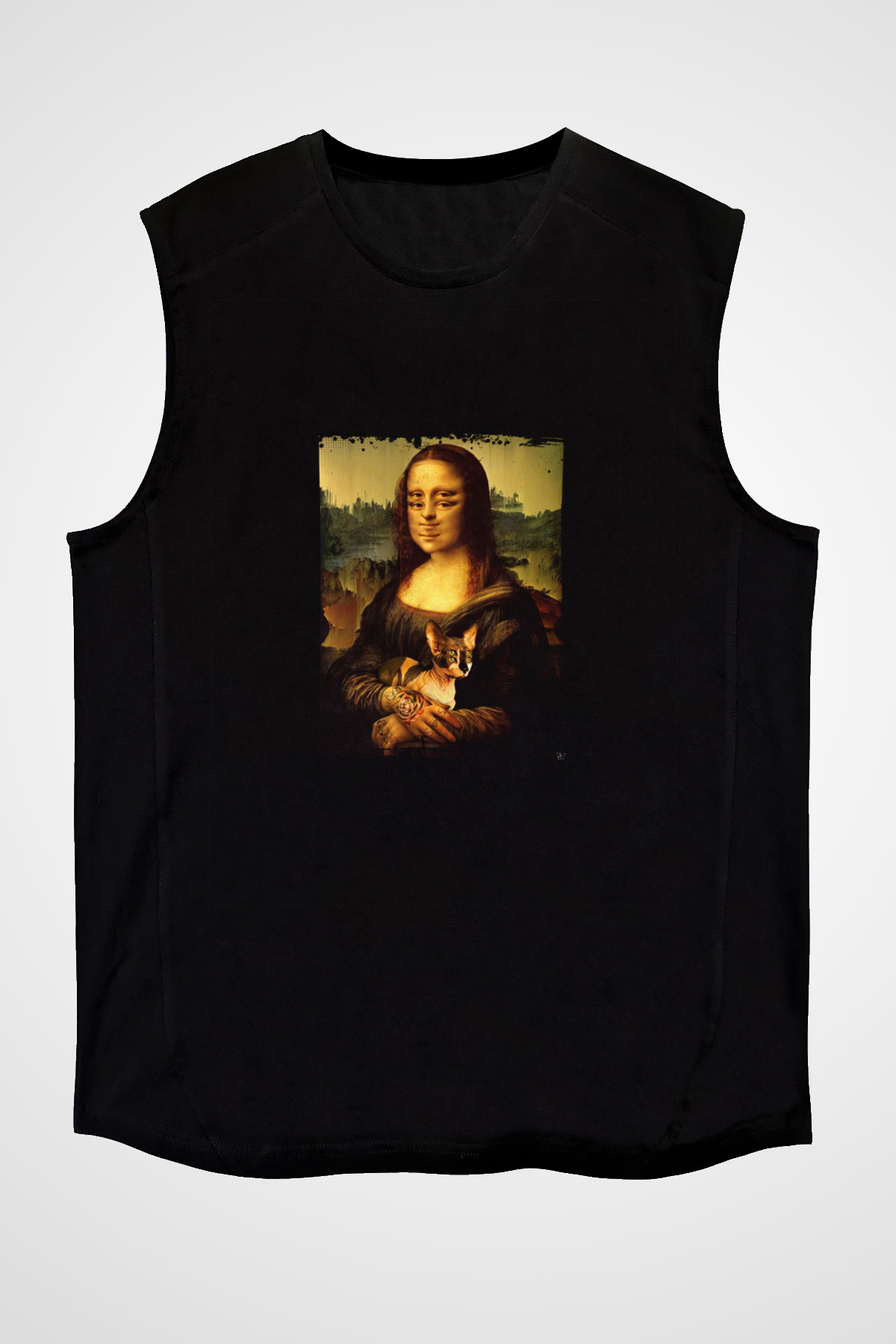 Mona Lisa Baskılı Unisex Siyah Kolsuz Tişört