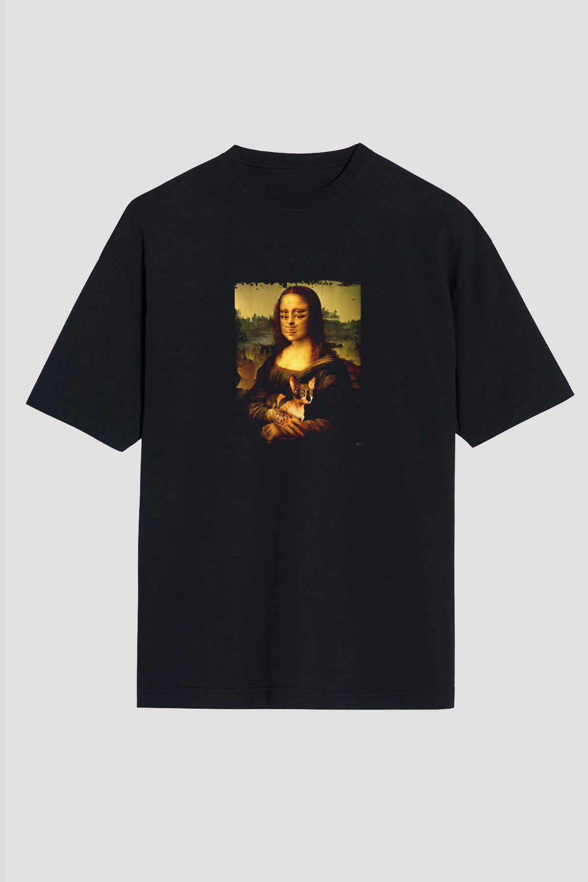 Mona Lisa Baskılı Unisex Siyah Oversize Tişört