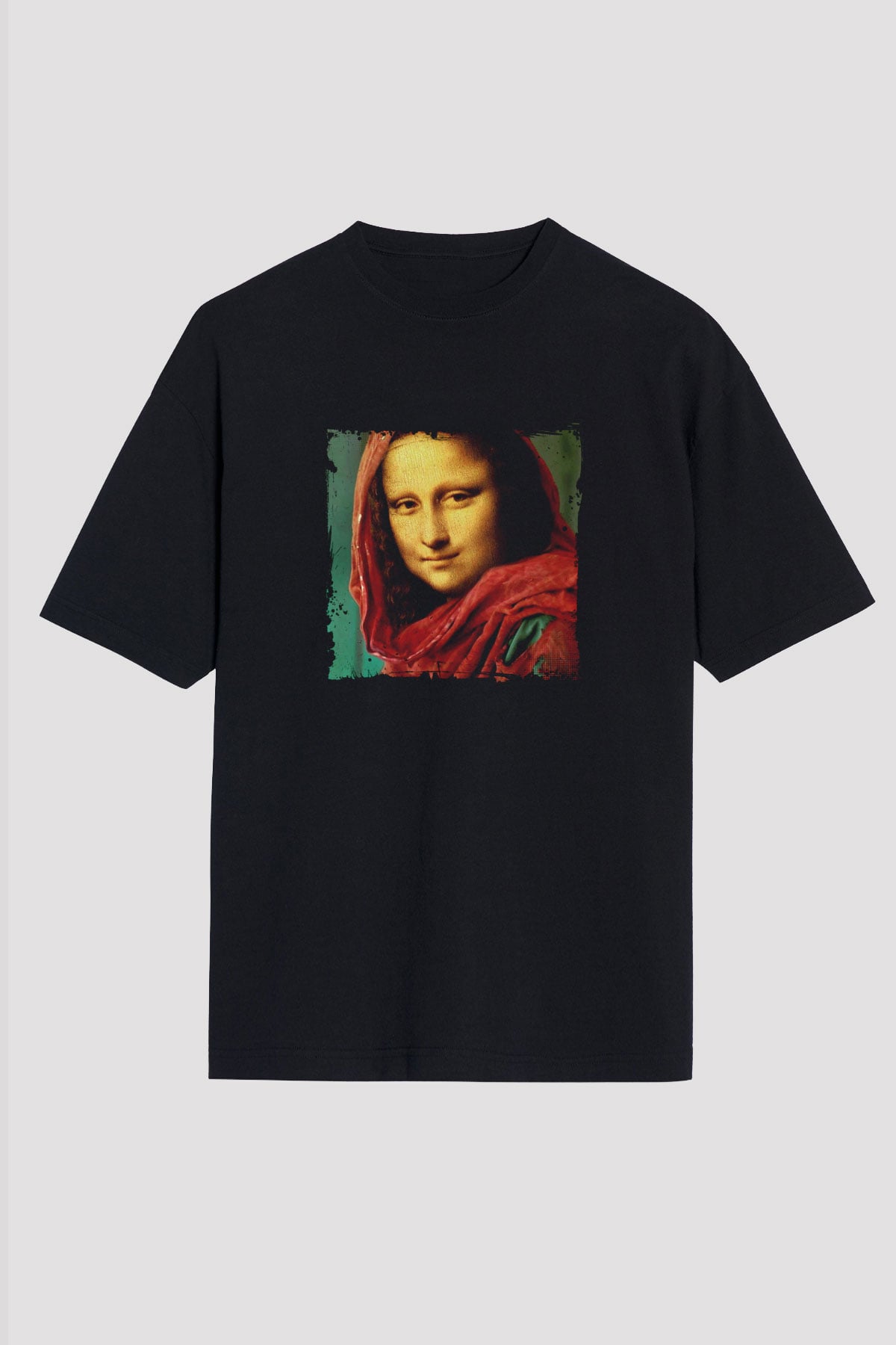 Mona Lisa Baskılı Unisex Siyah Oversize Tişört