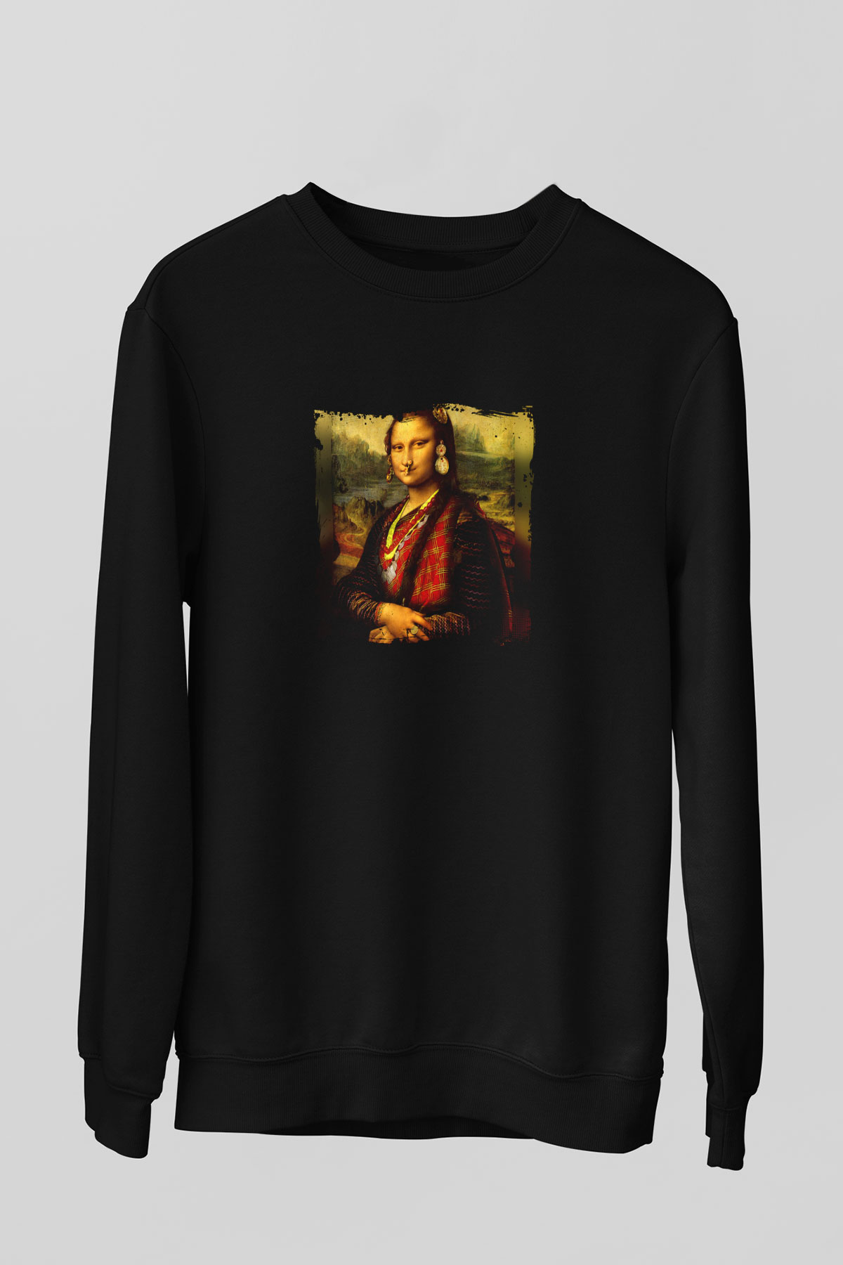 Mona Lisa Baskılı Unisex Siyah Sweatshirt