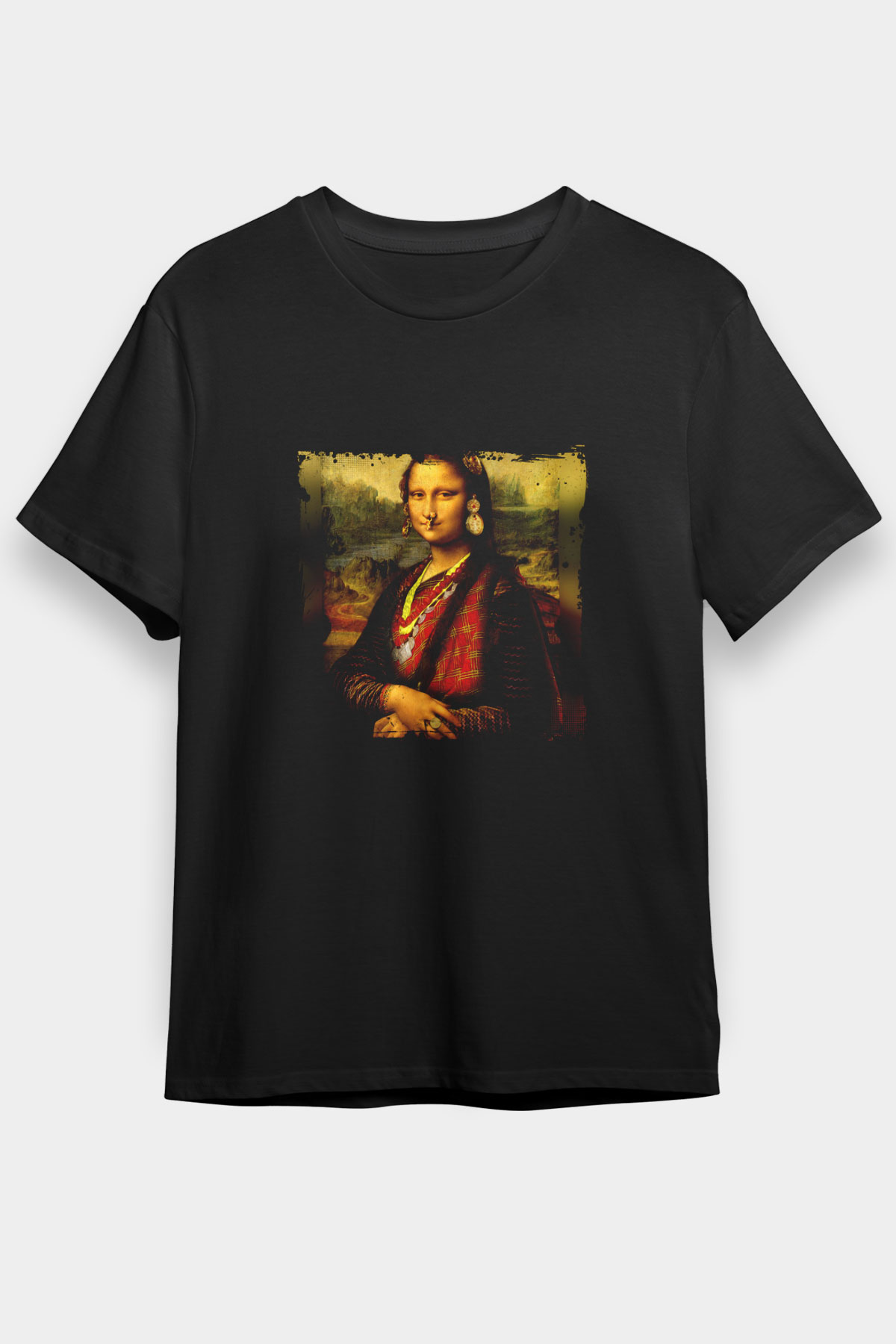 Mona Lisa Baskılı Unisex Siyah Tişört