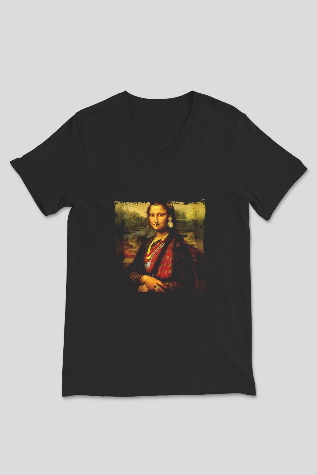 Mona Lisa Baskılı Unisex Siyah V Yaka Tişört