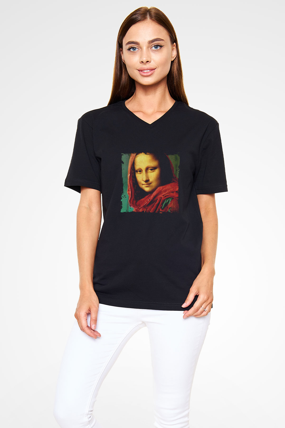 Mona Lisa Baskılı Unisex Siyah V Yaka Tişört