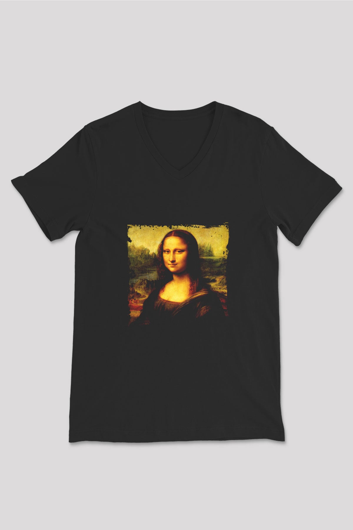 Mona Lisa Baskılı Unisex Siyah V Yaka Tişört