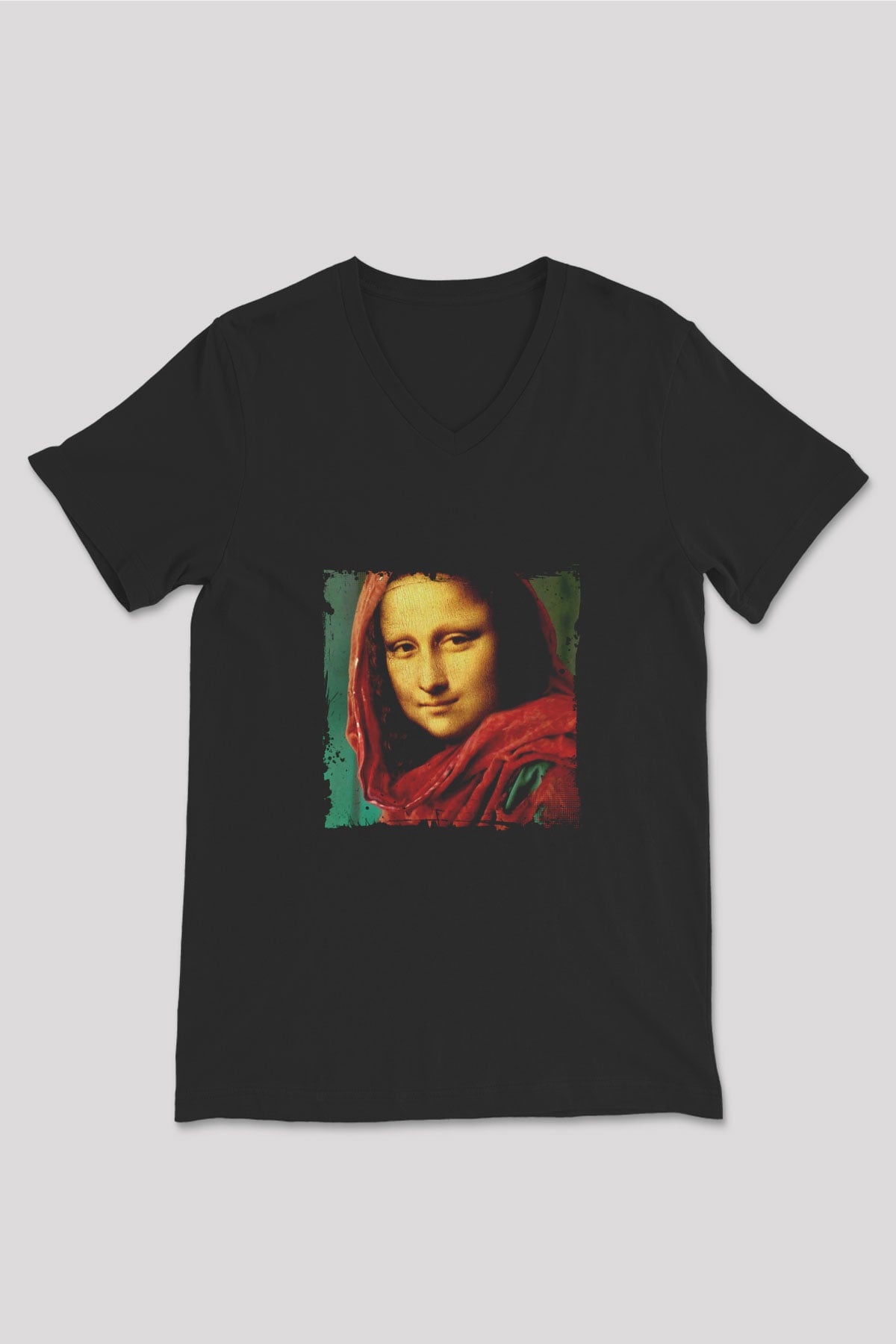 Mona Lisa Baskılı Unisex Siyah V Yaka Tişört
