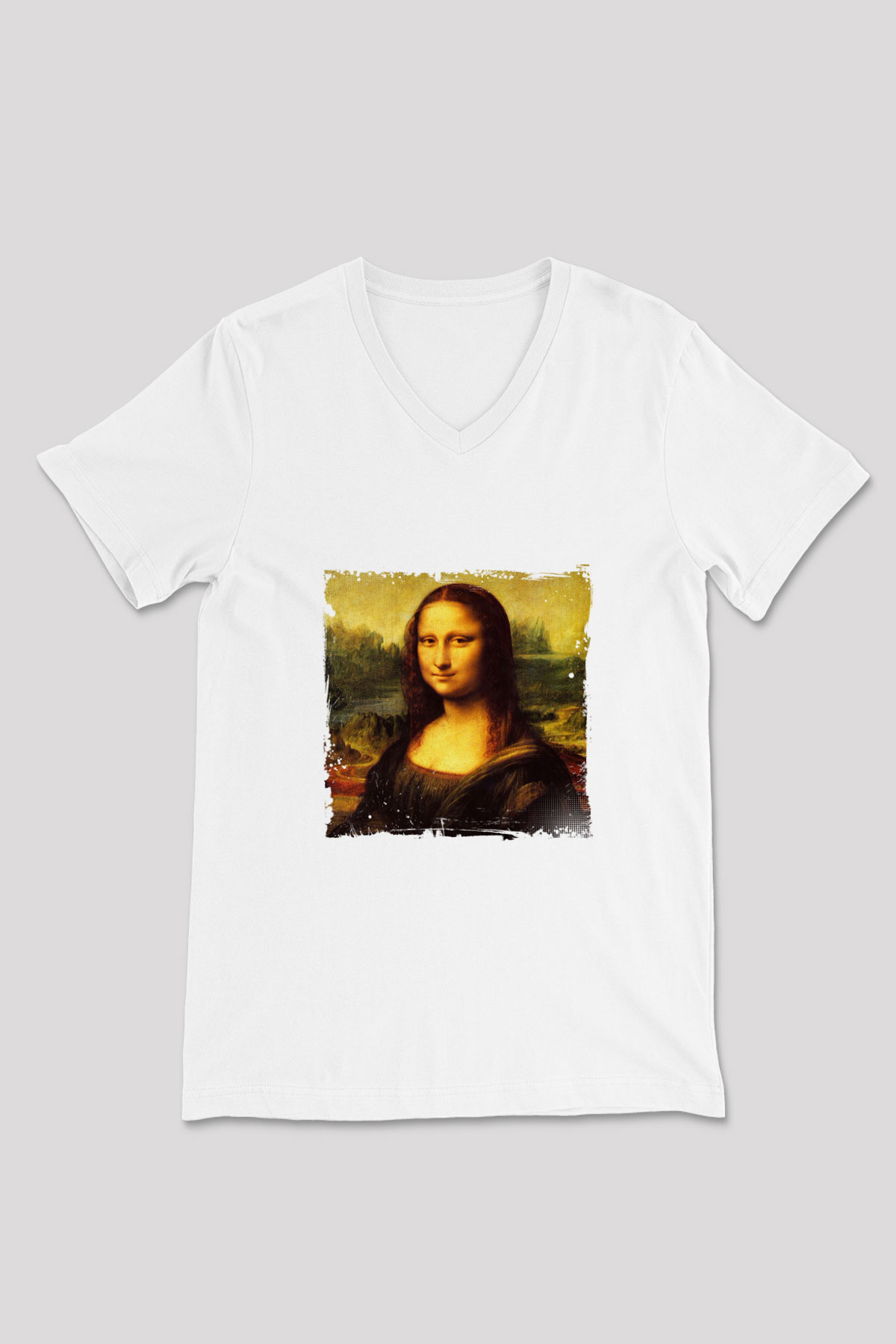Mona Lisa Baskılı V Yaka Unisex Beyaz Tişört