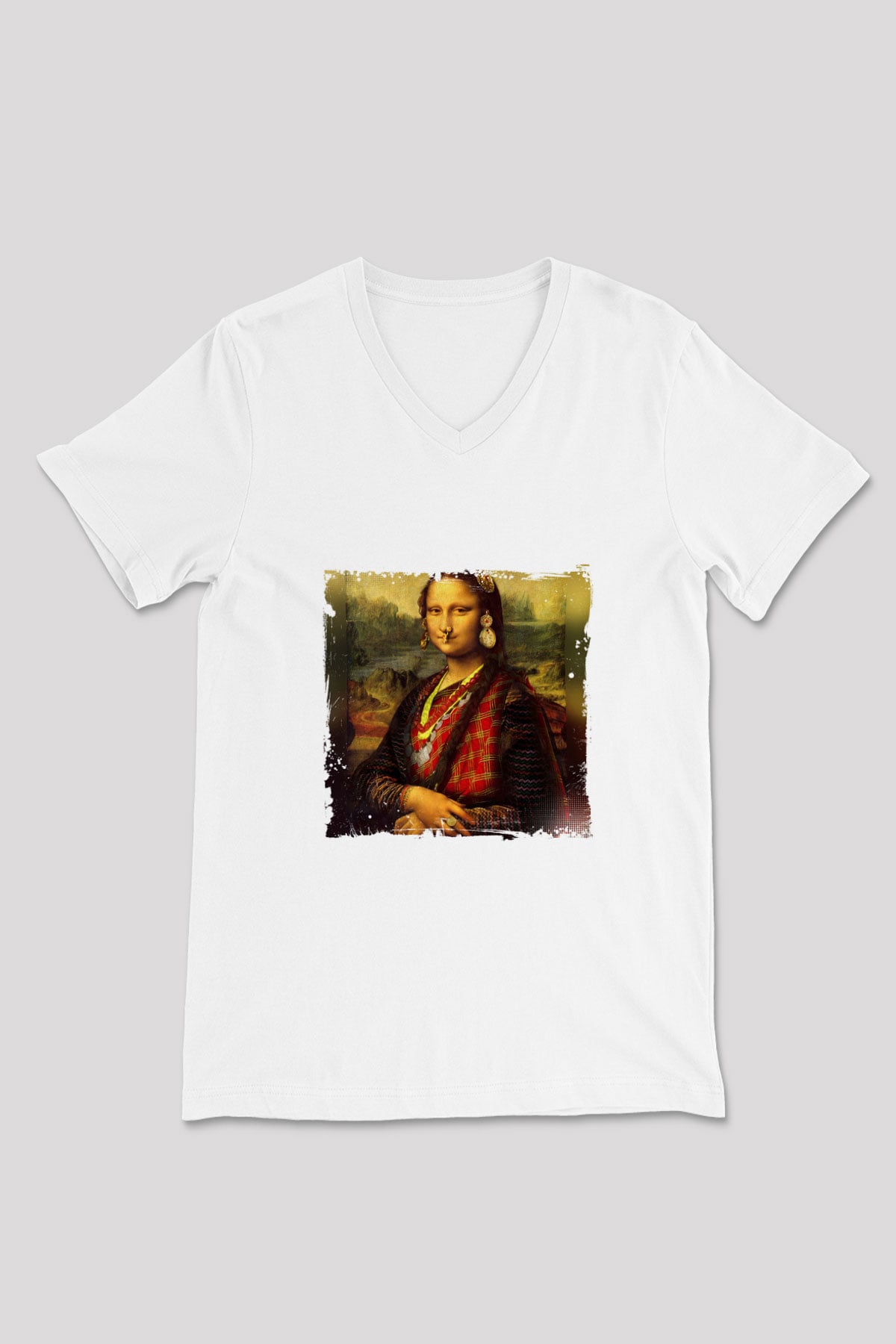 Mona Lisa Baskılı V Yaka Unisex Beyaz Tişört