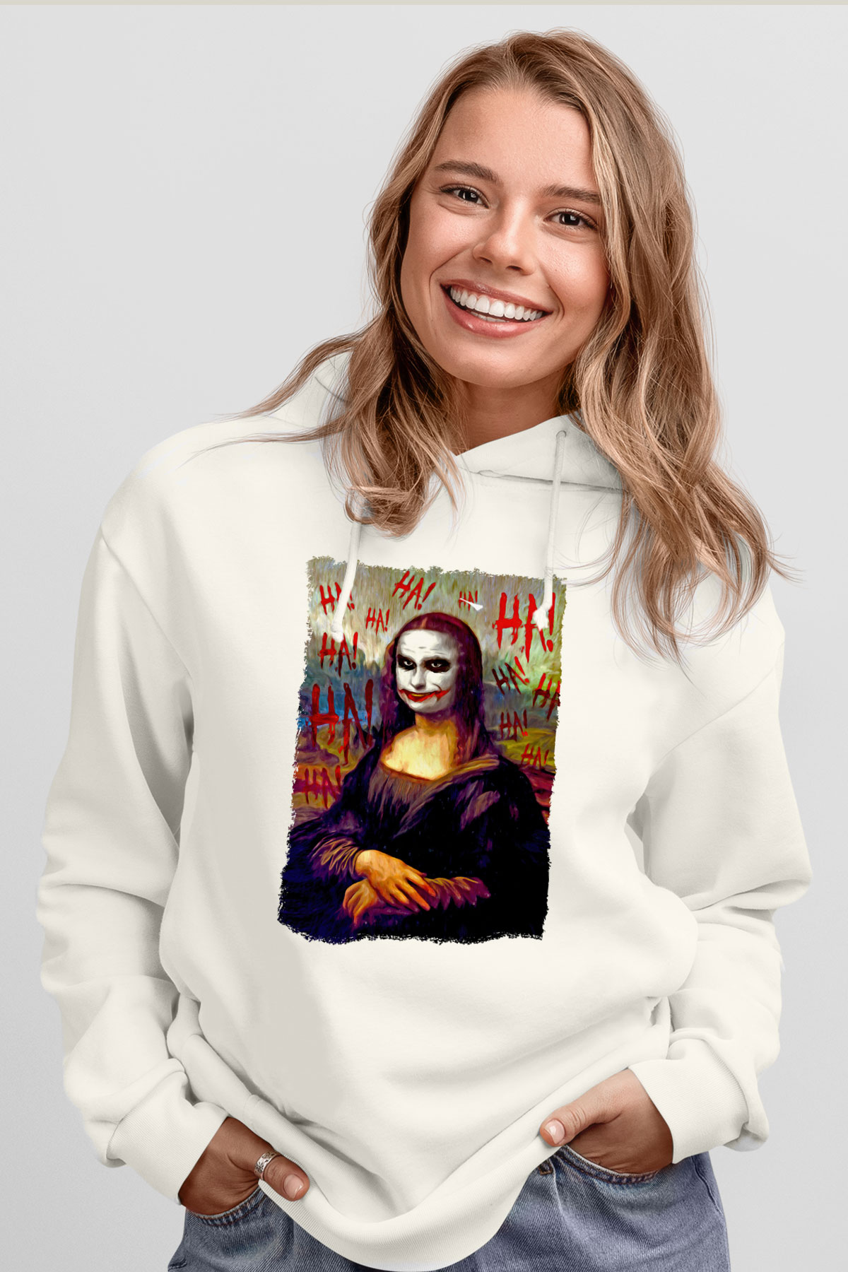 Mona Lisa Beyaz Unisex Kapüşonlu Sweatshirt