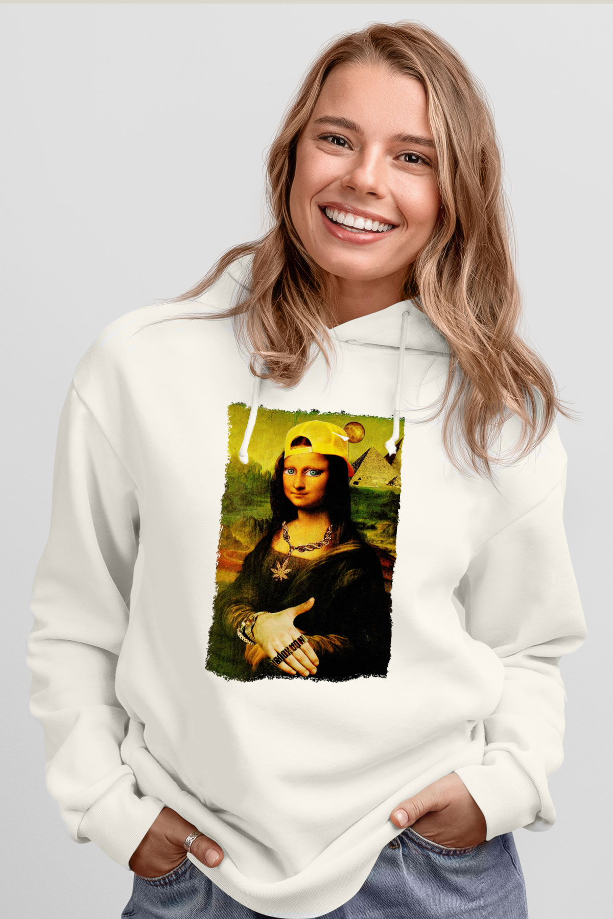 Mona Lisa Beyaz Unisex Kapüşonlu Sweatshirt