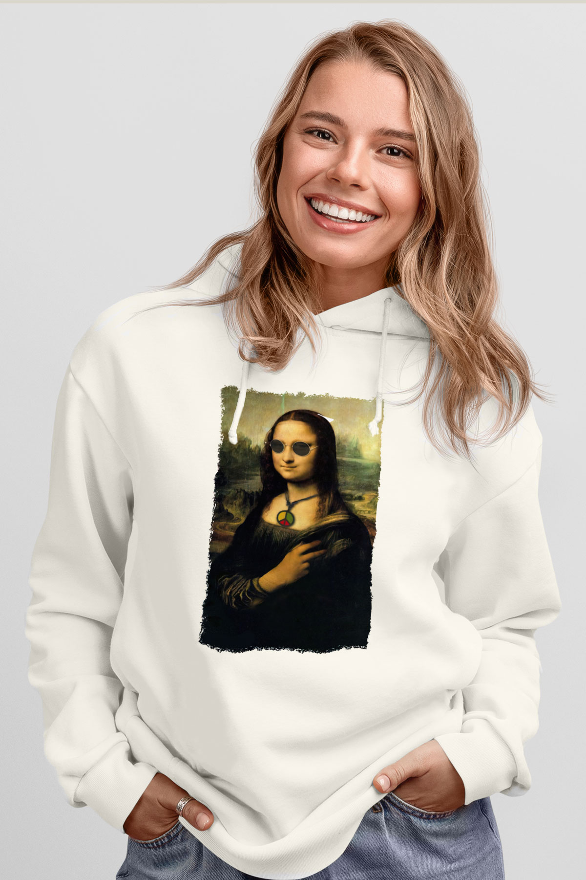 Mona Lisa Beyaz Unisex Kapüşonlu Sweatshirt