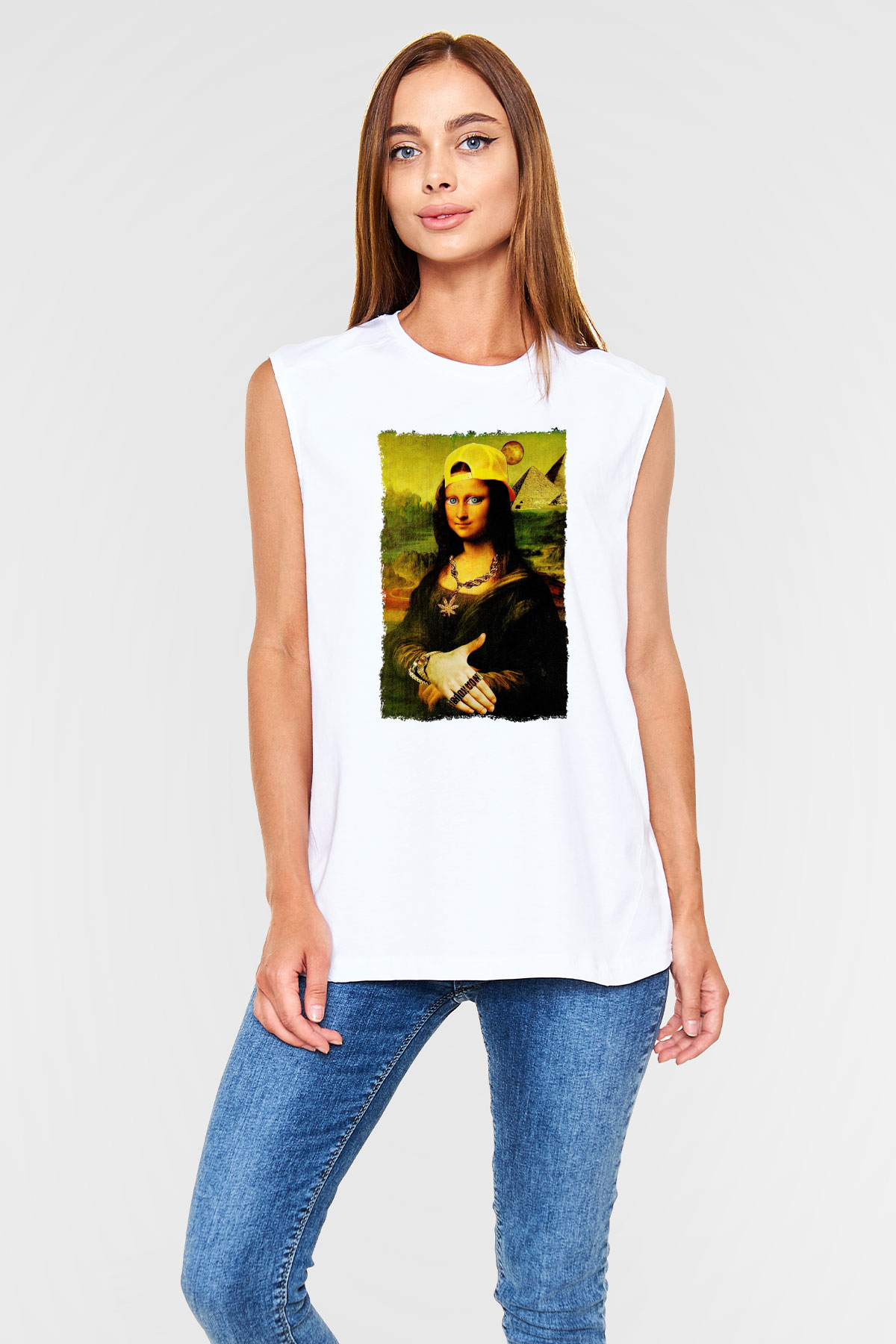 Mona Lisa Beyaz Unisex Kolsuz Tişört