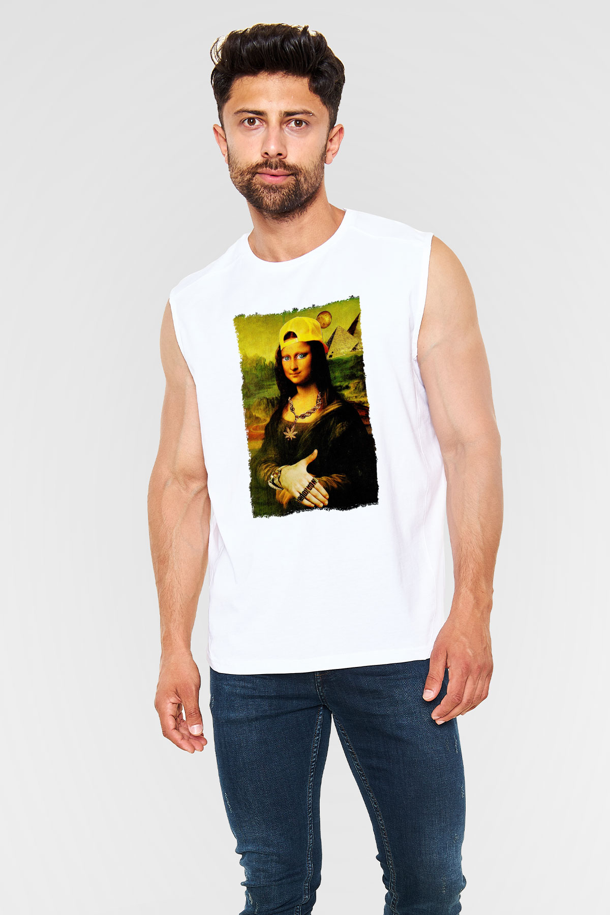 Mona Lisa Beyaz Unisex Kolsuz Tişört