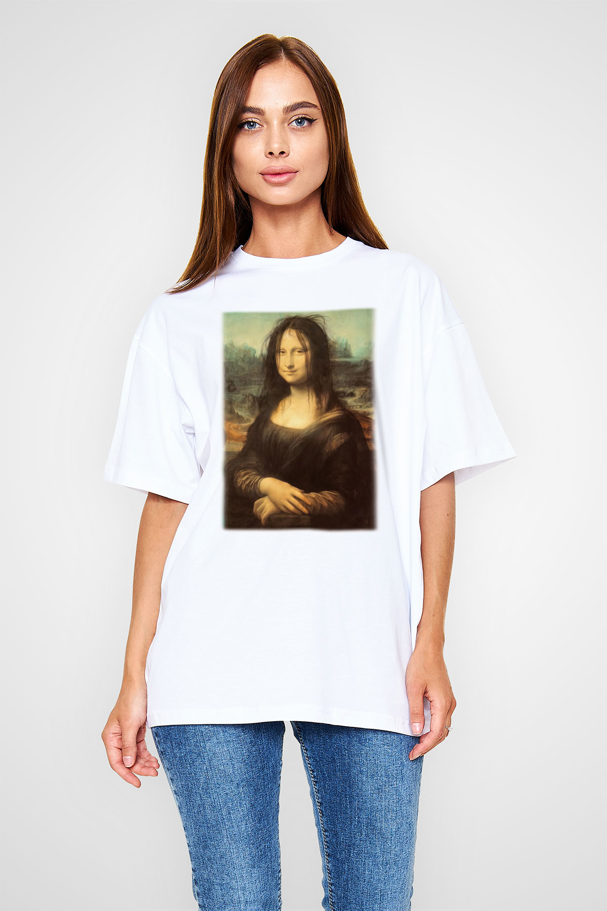 Mona Lisa Beyaz Unisex Oversize Tişört T-Shirt