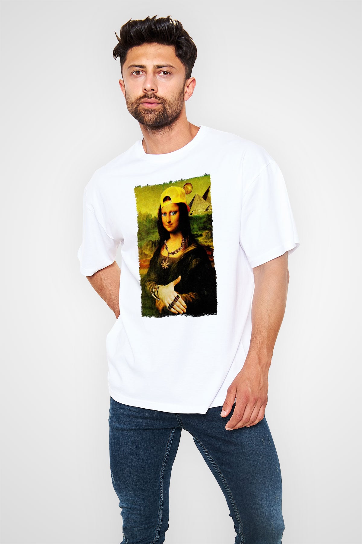 Mona Lisa Beyaz Oversize Tişört Oversize T-shirt - TişörtFabrikası