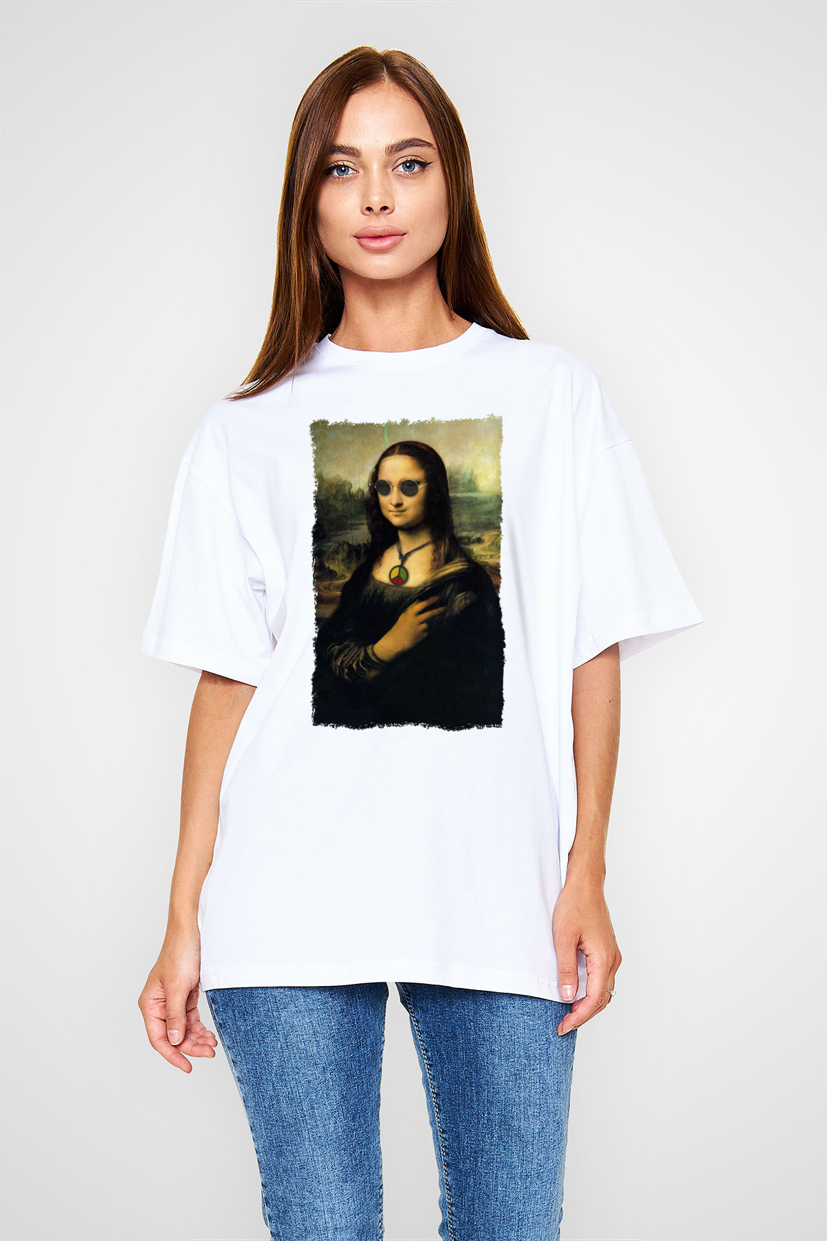 Mona Lisa Beyaz Oversize Tişört Oversize T-shirt - TişörtFabrikası