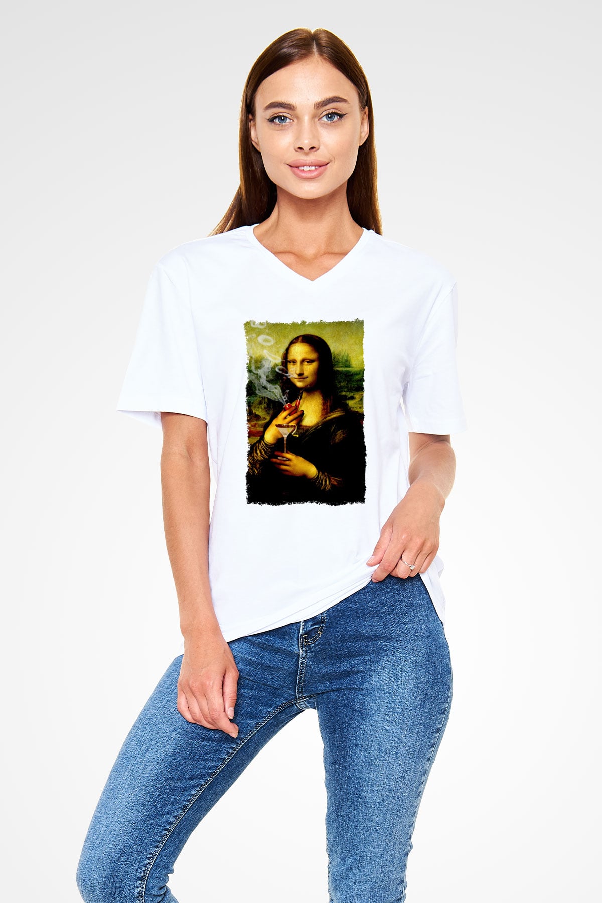 Mona Lisa Beyaz Unisex V Yaka Tişört
