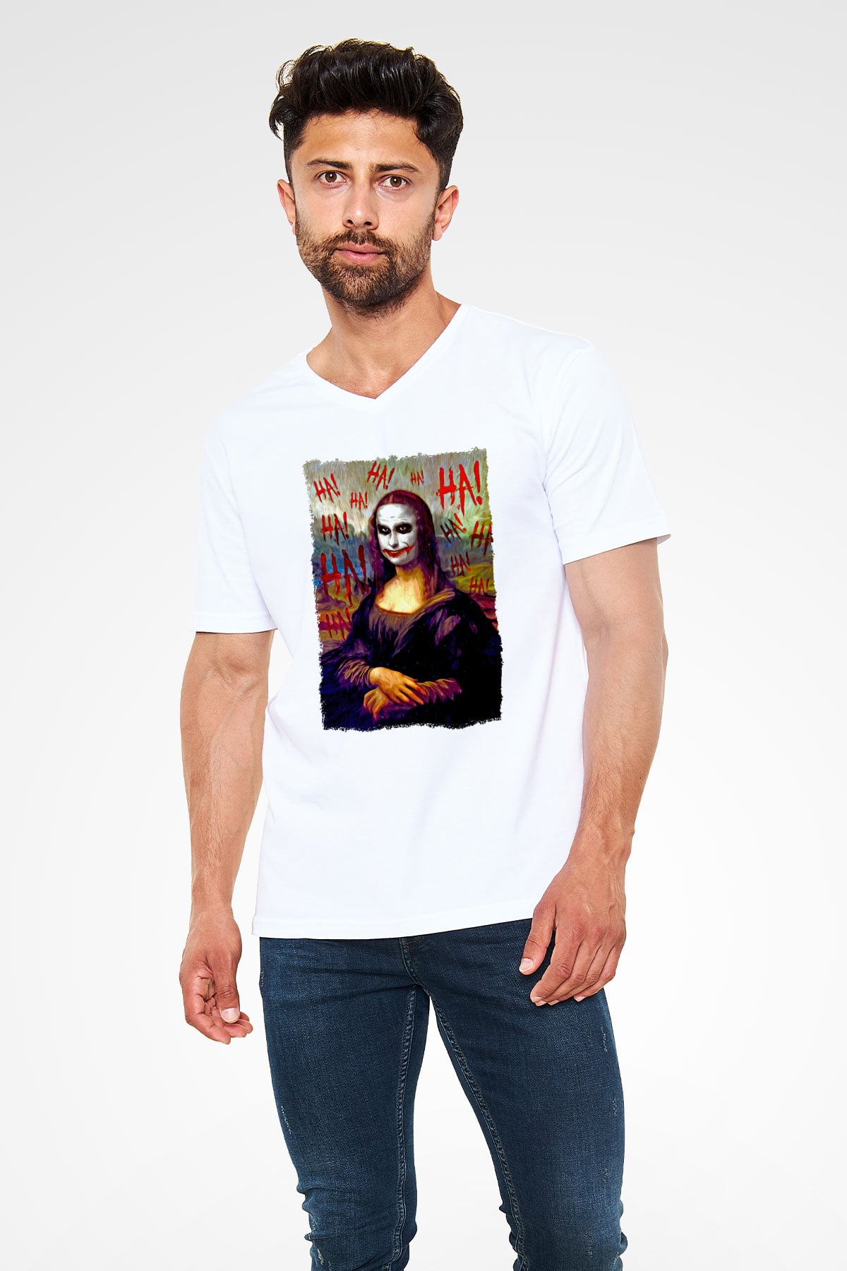 Mona Lisa Beyaz Unisex V Yaka Tişört